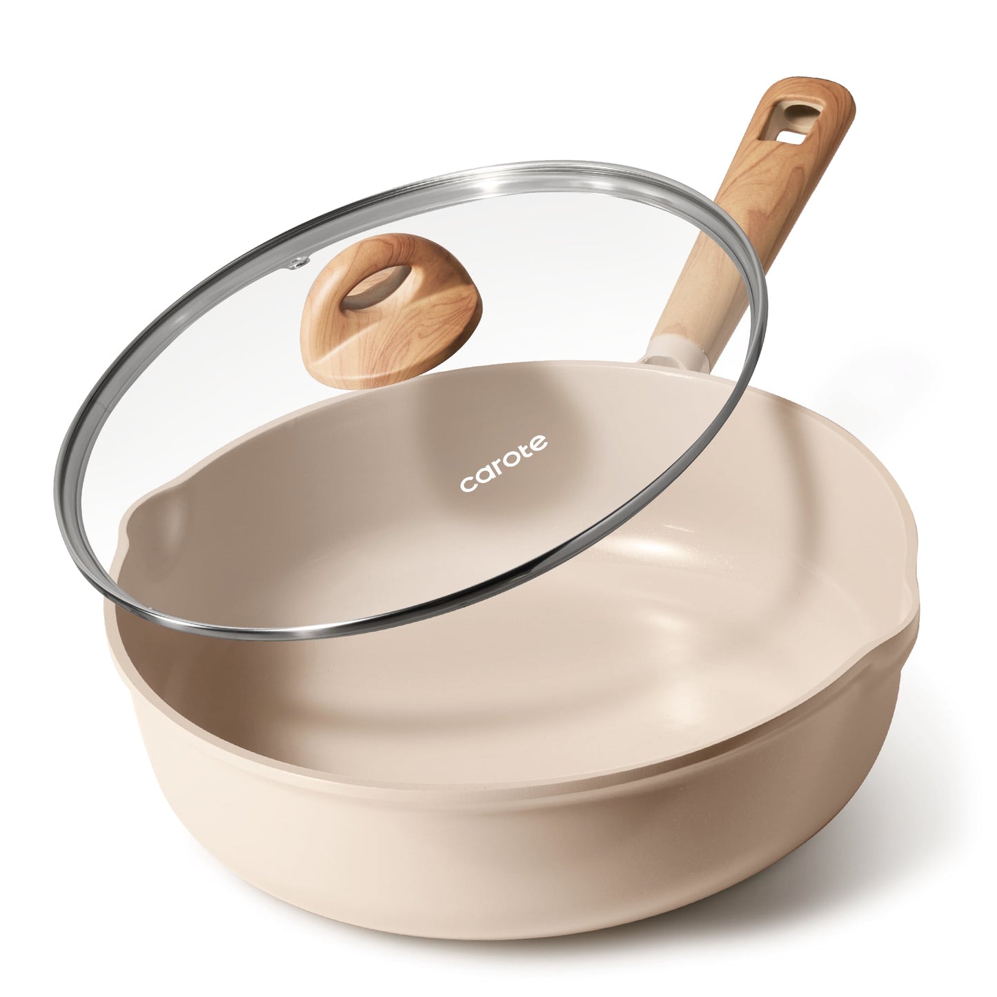 Carote 5QT Ceramic Non Stick Frying Pan Skillet with Lid, Jumbo Cooker with Induction 11inch Large Deep Frying Pan, Non-Toxic SautÃ© Pan,Taupe