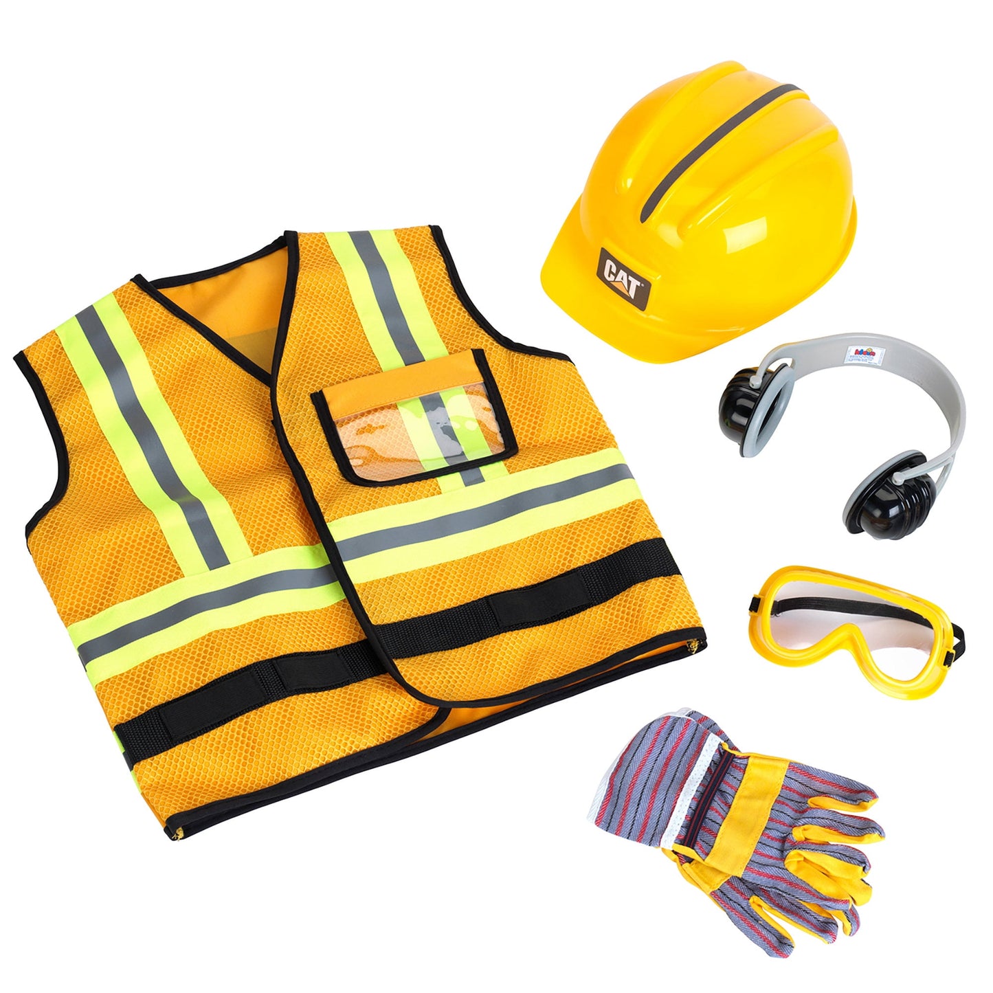 CAT: Construction Worker Vest - Yellow & Black - 5pc Set, Pretend Play Outfit & Toy Accessories, Helmet-Goggles-Gloves-Earmuffs, Licensed, Kids Ags 3+