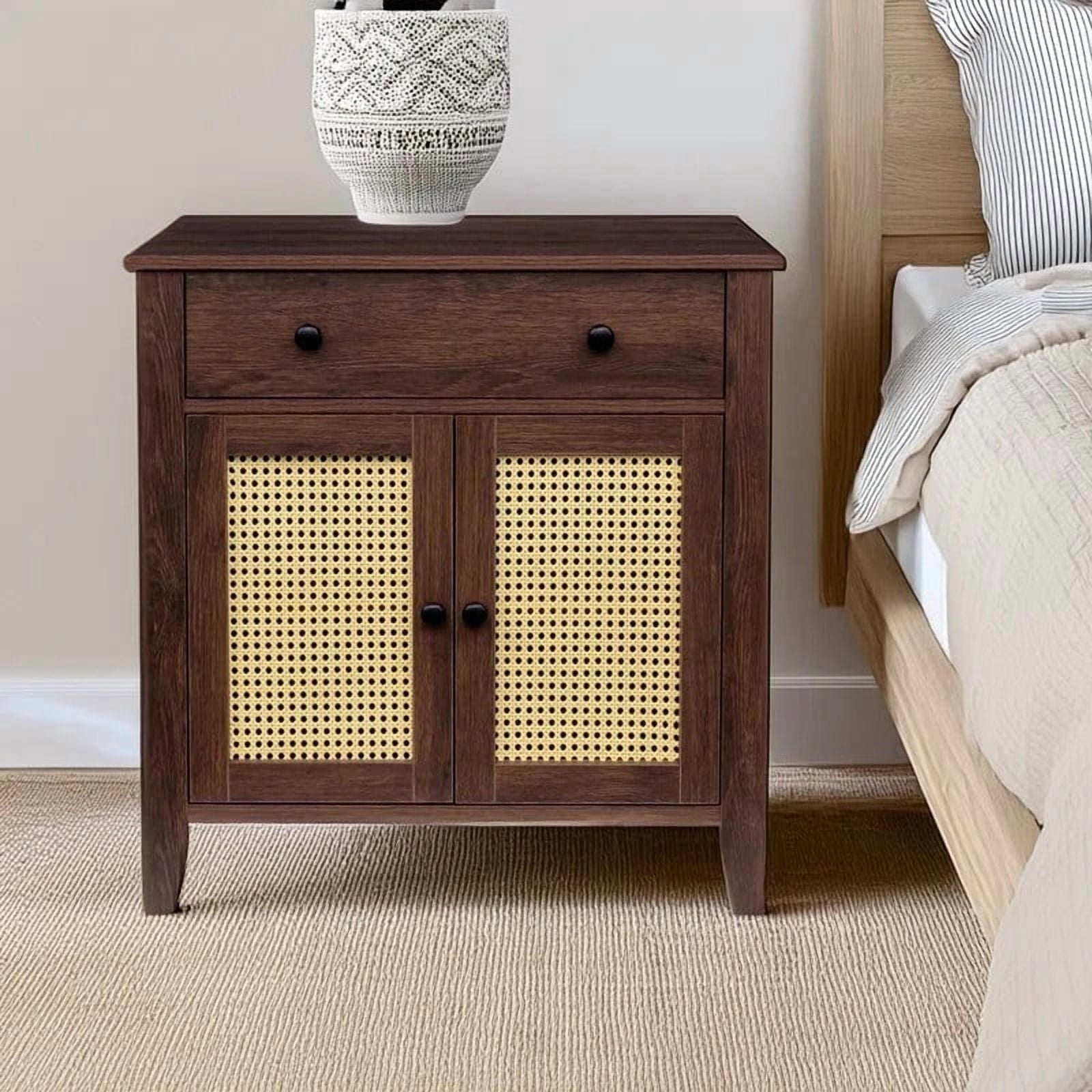 COMHOMA Rattan Storage Cabinet with 2 Shelves & 1 Drawers, 28 x16x29 in Floor Accent Cabinet for Living Room, Kitchen, Espresso