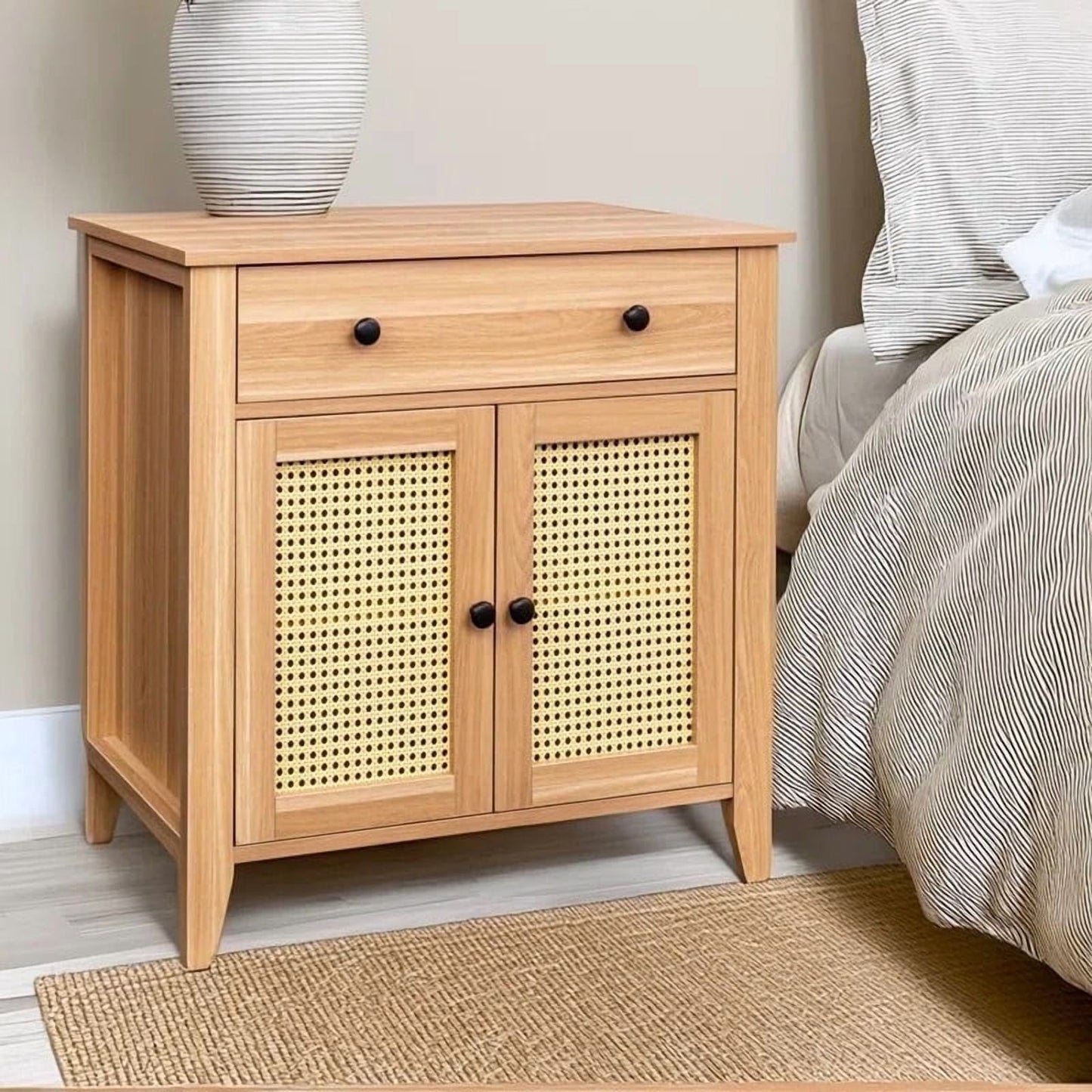 COMHOMA Rattan End Table and Storage Cabinet with Drawer and Shelves,, Accent Table for Living Room,  Natural Oak