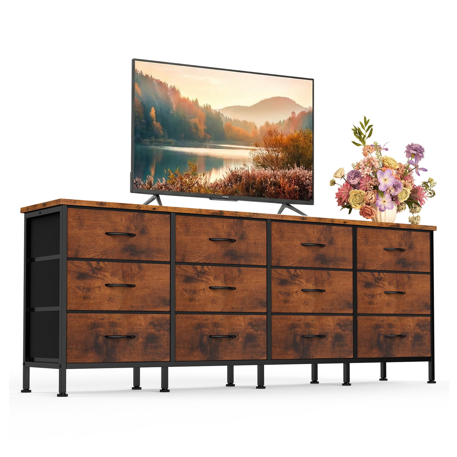 CONCETTA 12 Drawer Storage TV Dresser, Metal Frames Resist Deformation, Adjustable Feet Prevent Tipping, Accommodates TV Up to 80 inch, Suitable for Living Room, Rust Brown