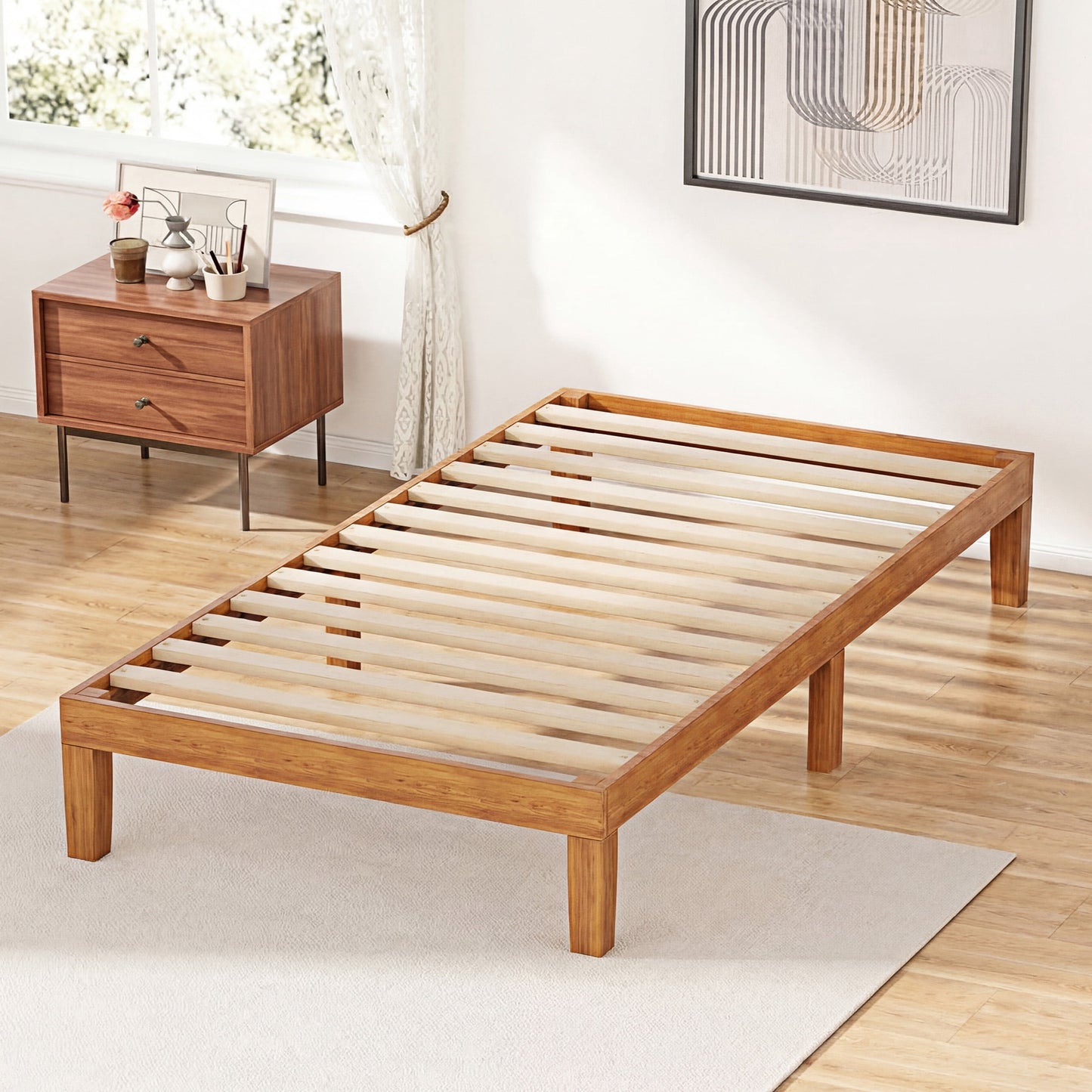 CONCETTA 12 Inch Twin Natural Pine Platform Bed Frame, Wood Slat Support, No Box Spring Needed