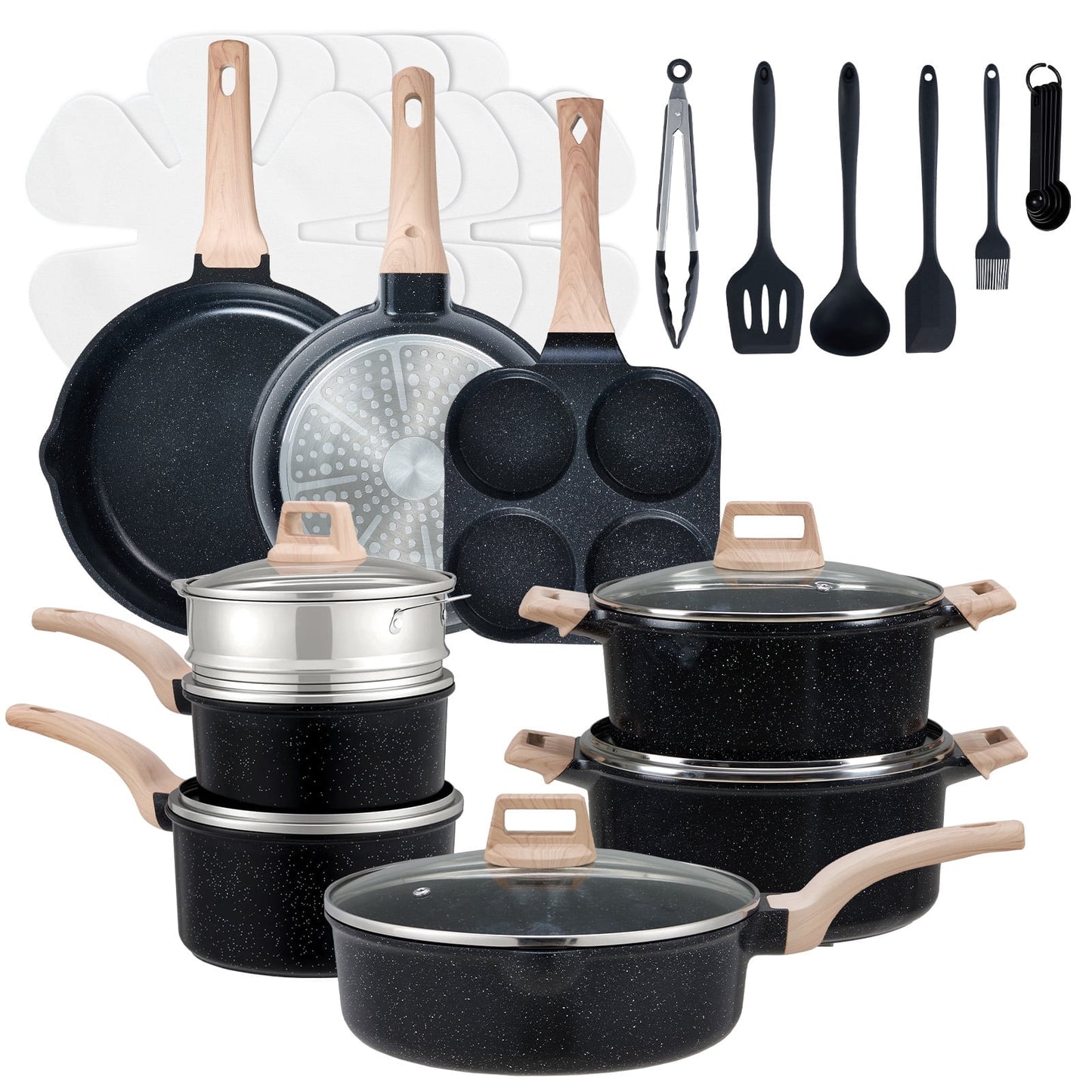 CONCETTA Nonstick Cooking Set 25 Pcs, White Granite Pots & Pans for Induction Cooktops, Durable Lightweight Kitchen Cookware with Lids