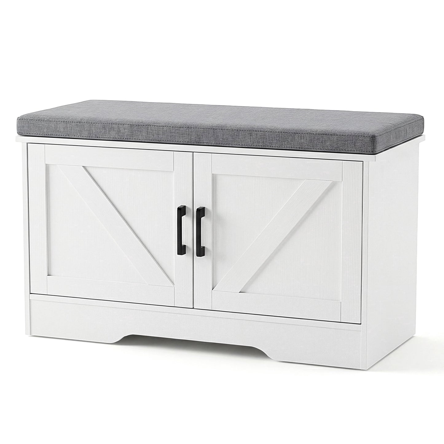 CONCETTA 47 Inch Width White Storage Bench, Padded Seat Entryway Shoe Bench Featuring 4 Barn Doors and Adjustable Storage Shelf