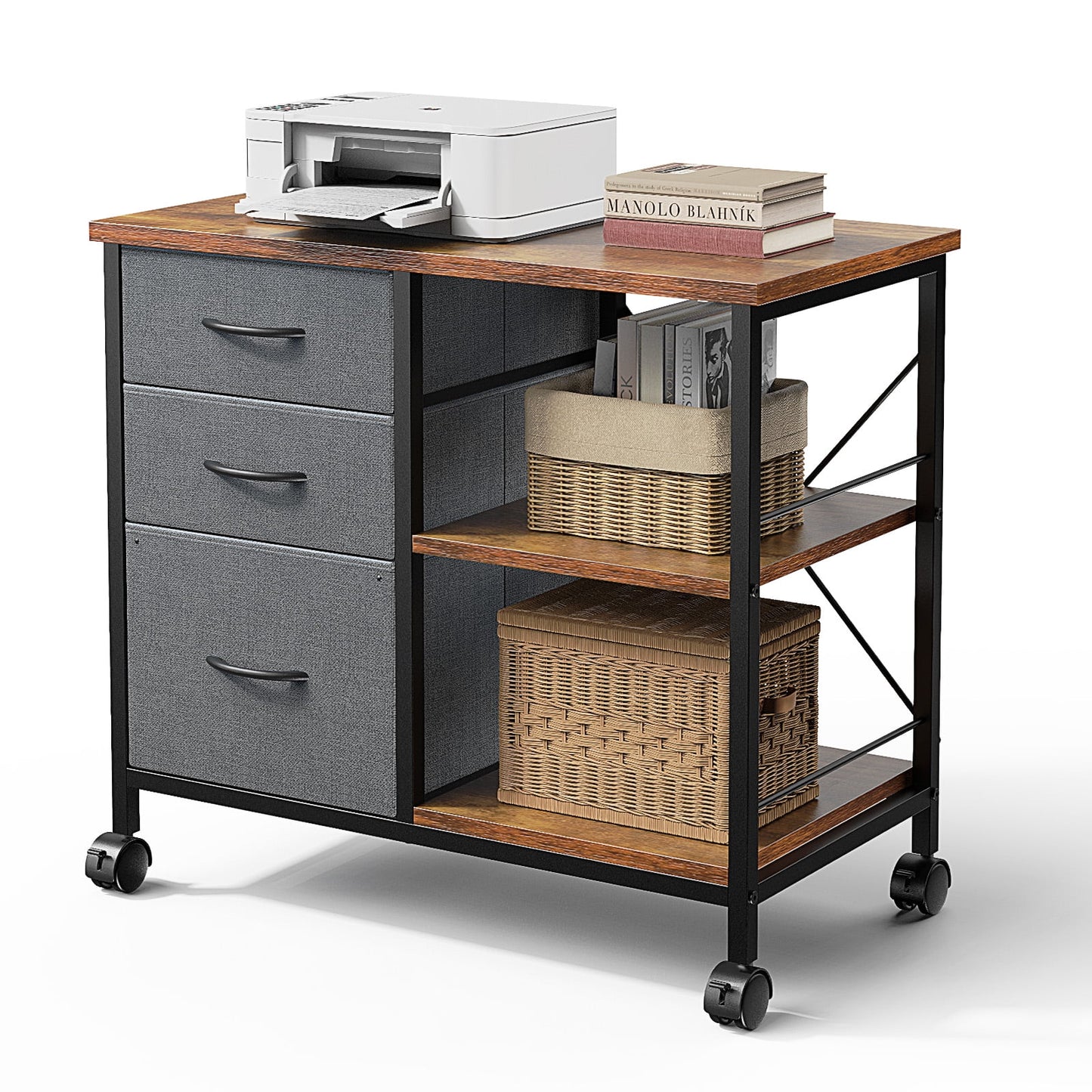 CONCETTA 3-Drawer Rolling File Cabinet with Open Shelf, Fabric Filing Storage for Home Office,Rust