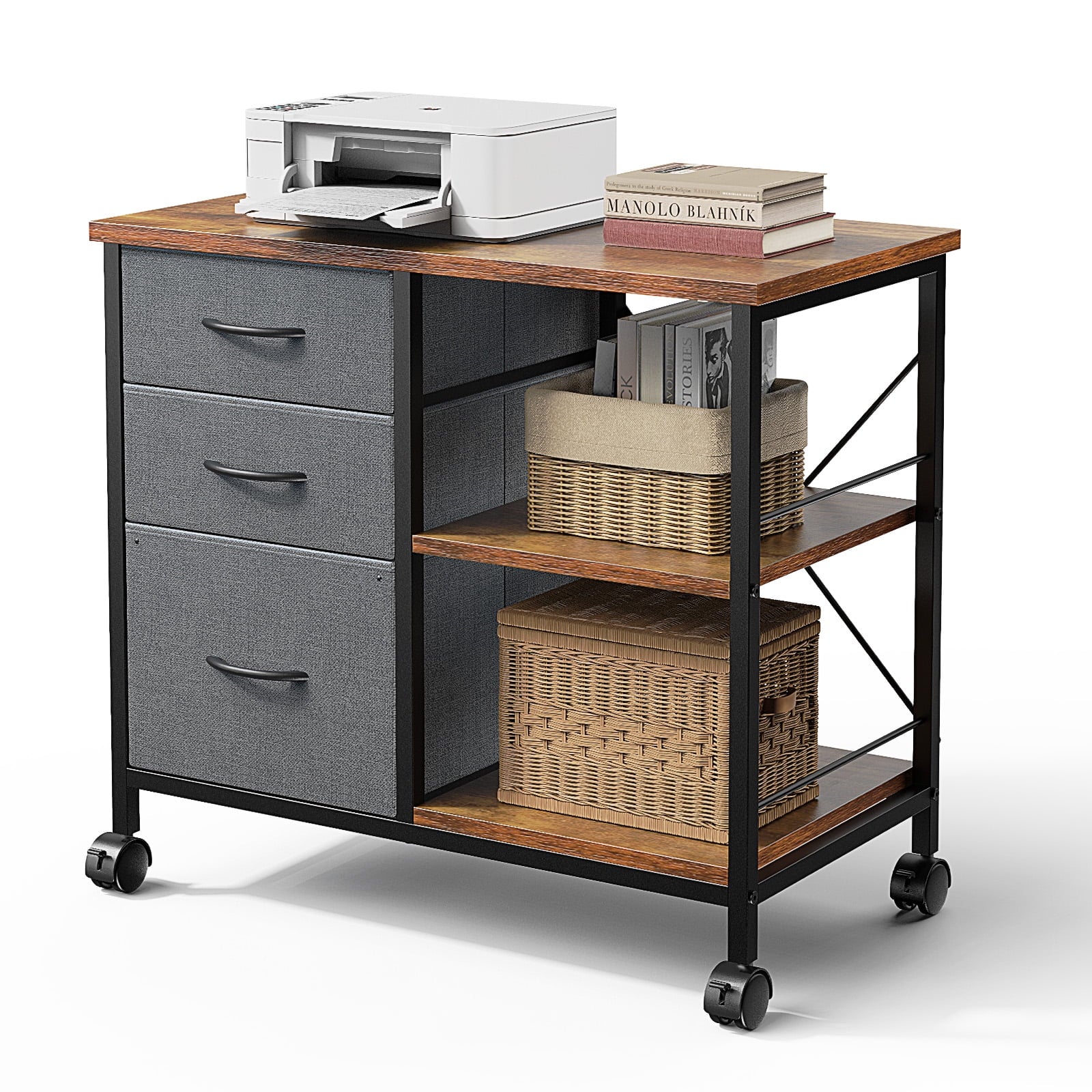 CONCETTA 3-Drawer Rolling File Cabinet with Open Shelf, Fabric Filing Storage for Home Office,Rust