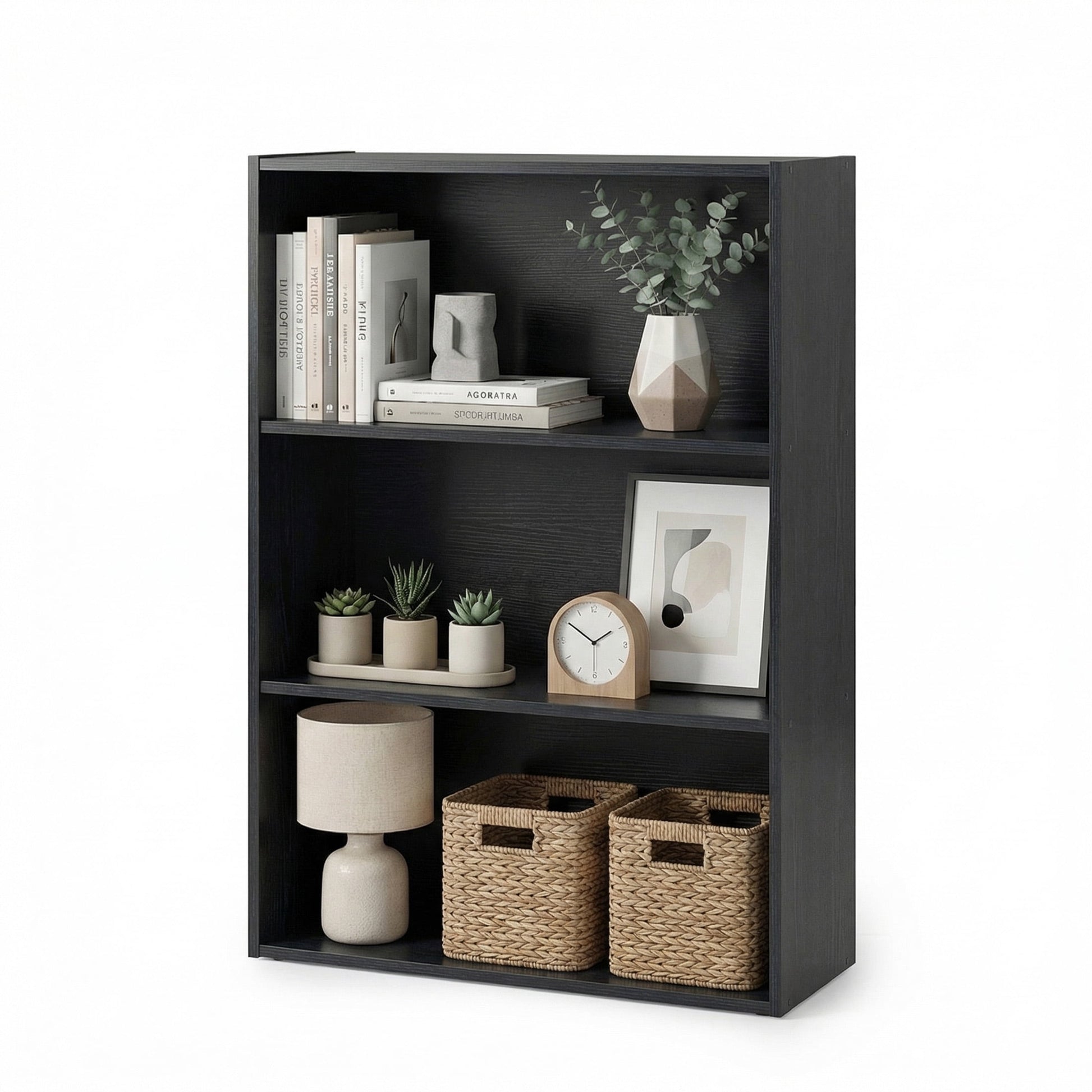 CONCETTA 3 Shelf Bookcase, 32 Inch Tall Floor Standing Open Bookshelf for Home Office and Living Room, Black