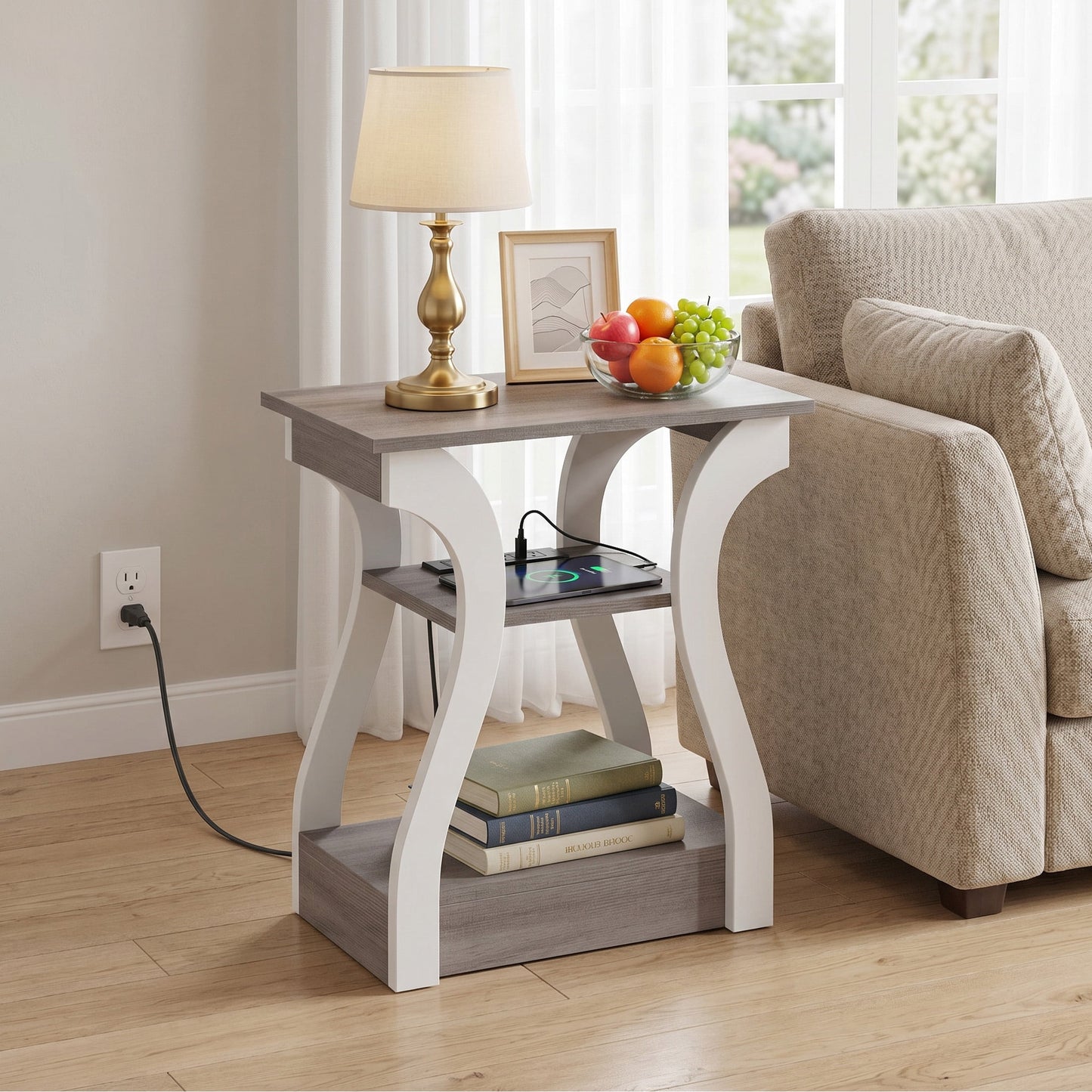 CONCETTA 3-Tier End Table with Charging Station, Slim Side Table with USB Ports & Outlets, Modern Nightstand for Small Spaces, Living Room, Bedroom, Gray White