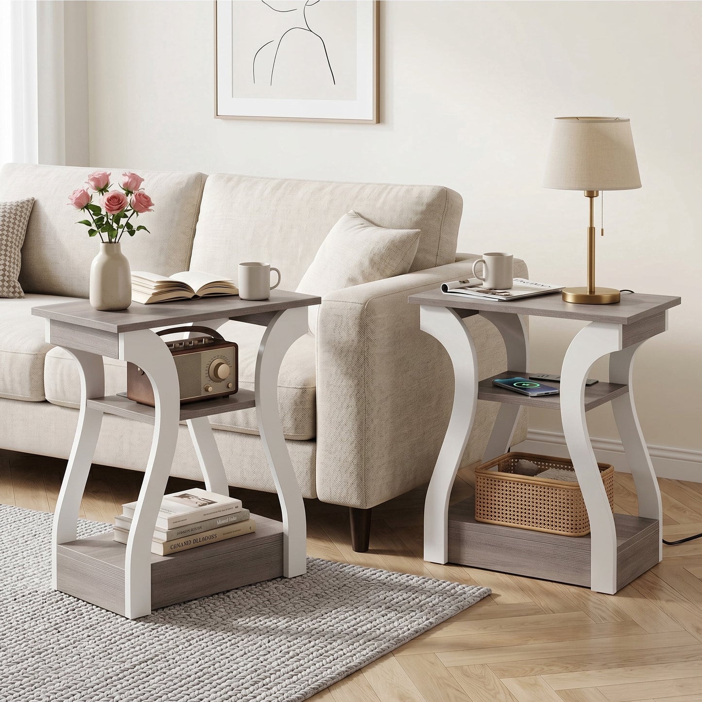 CONCETTA 3-Tier End Table Set of 2 Charging Station USB Outlets Gray White Engineered Wood for Adults