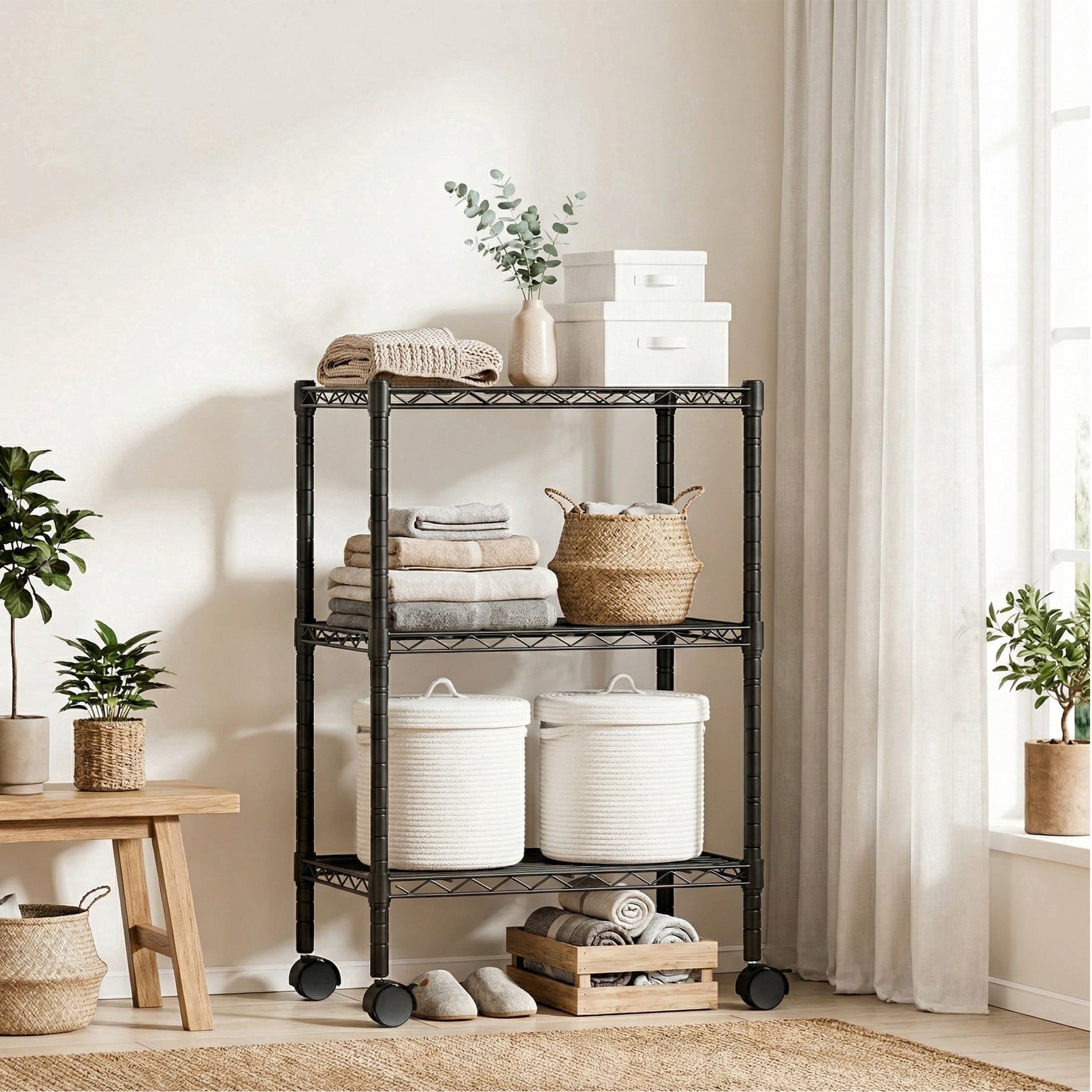 CONCETTA 3 Tier Heavy Duty Storage Shelves with Wheels, Adjustable Shelving Unit for Garage Kitchen Pantry, 200 lbs per Shelf, Black, 23" L x 13" W x 30" H