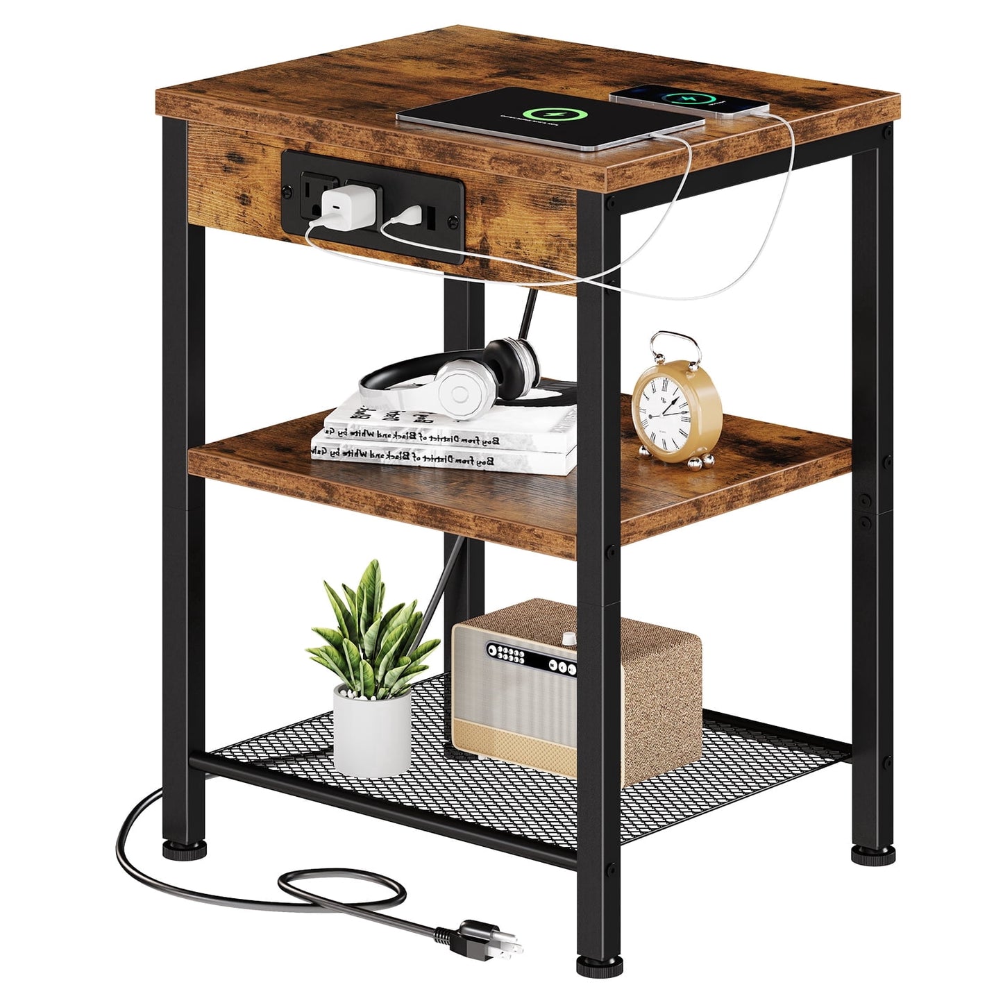 CONCETTA 3 Tier Nightstand with Charging Station, Bedside End Table for Bedroom Living Room, Rustic Brown