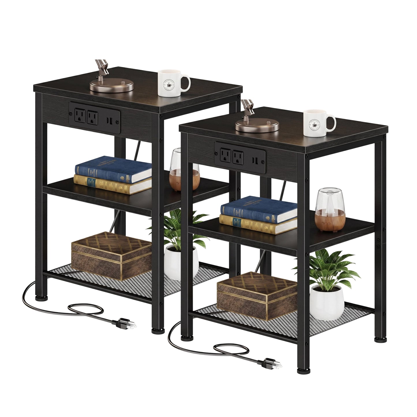 CONCETTA 3 Tier Nightstands with Charging Stations, Set of 2, Bedside End Tables for Bedroom Living Room, Black