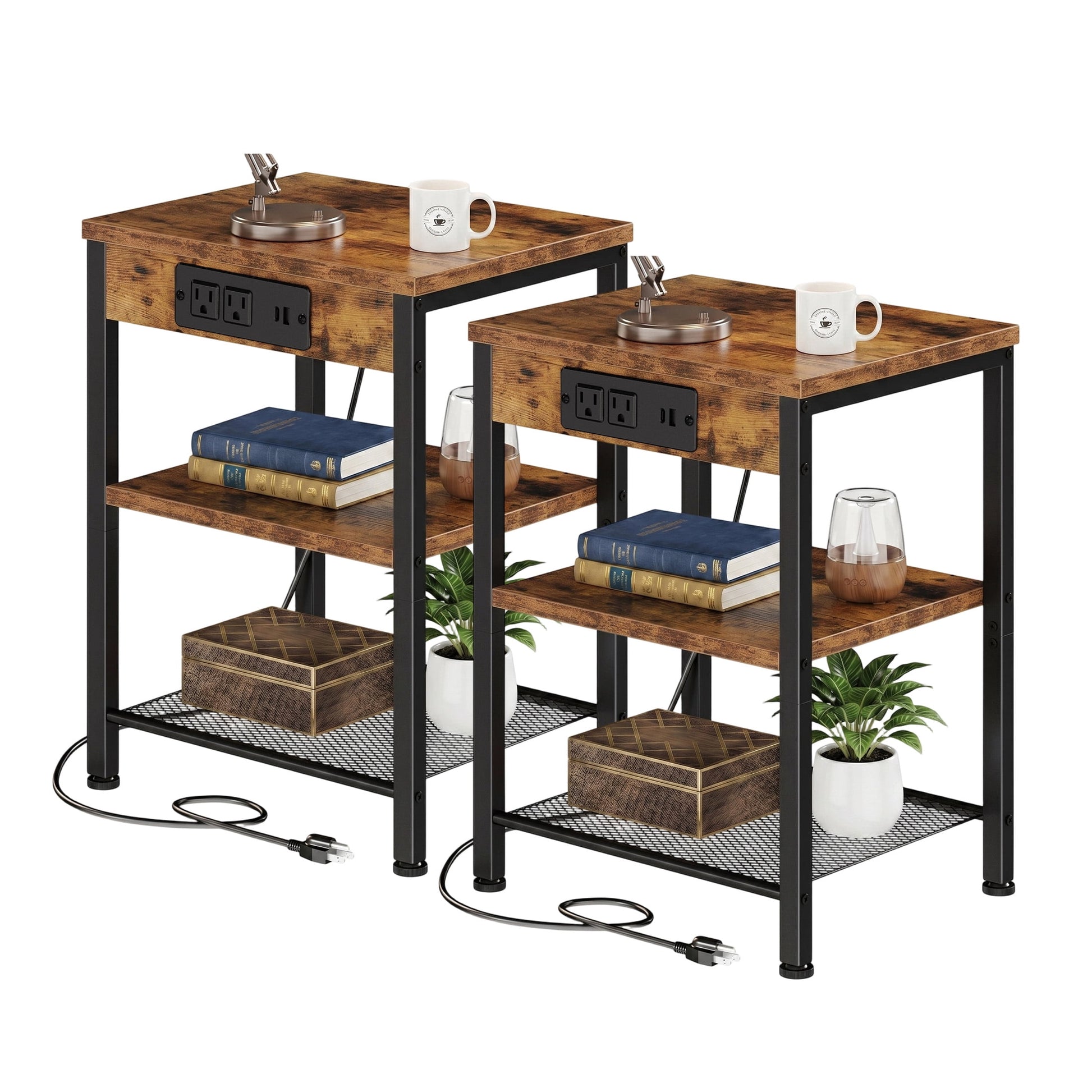 CONCETTA 3 Tier Nightstands with Charging Stations, Set of 2, Bedside End Tables for Bedroom Living Room, Rustic Brown