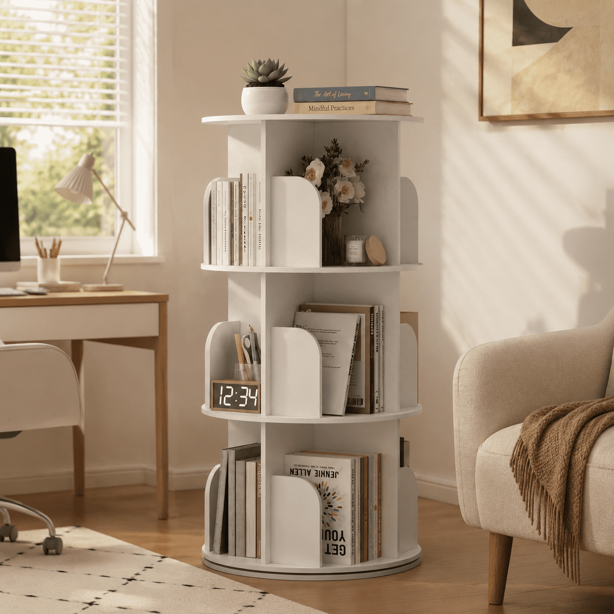CONCETTA 3-Tier Rotating Bookshelf, 360Â° Spinning Bookcase with Safety Guard, Space-Saving PVC Storage for Bedroom, White
