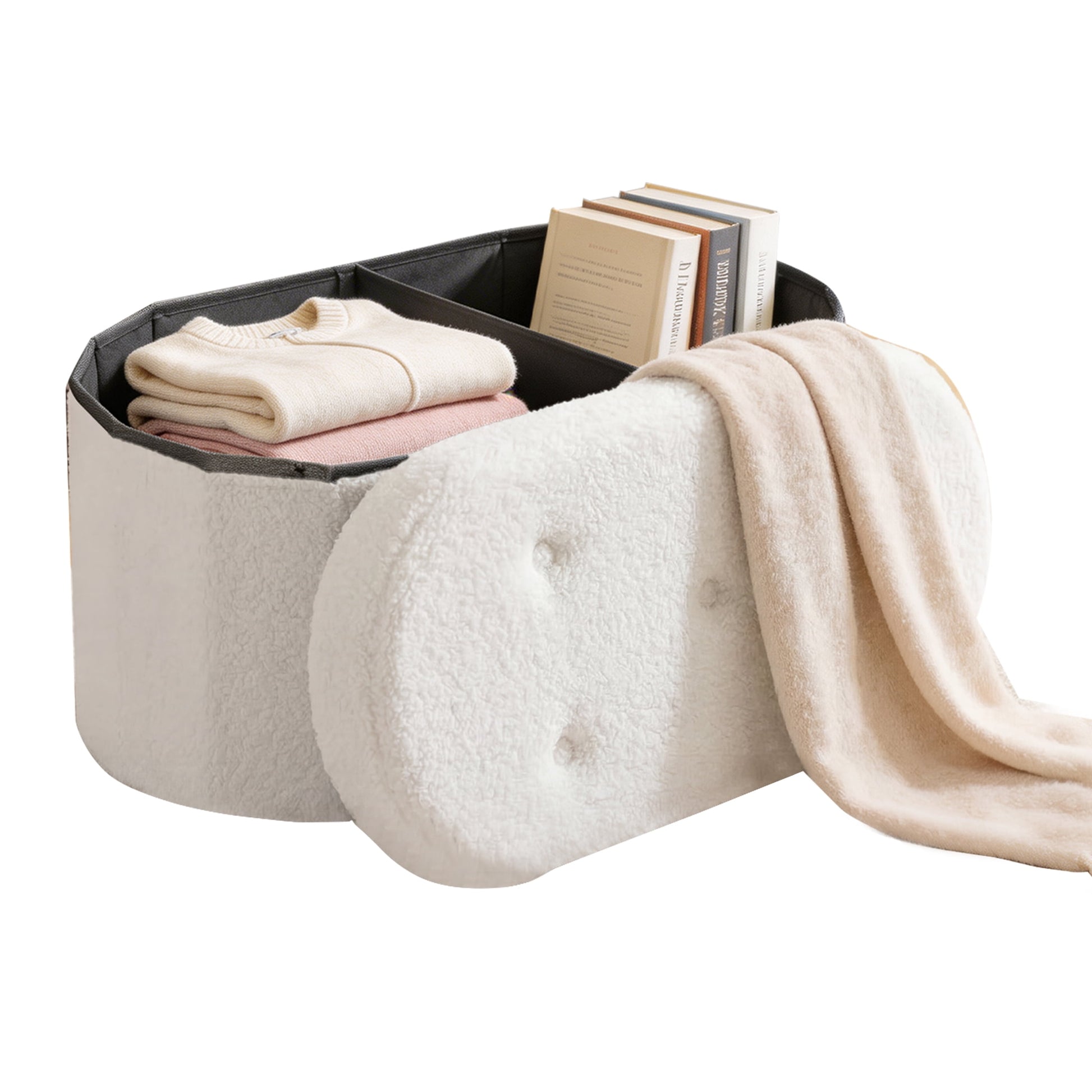 CONCETTA 30in Ottoman with Storage, Folding Foot Rest for Living Room & Bedroom, Versatile Home Bench in Soft Teddy Fabric, White