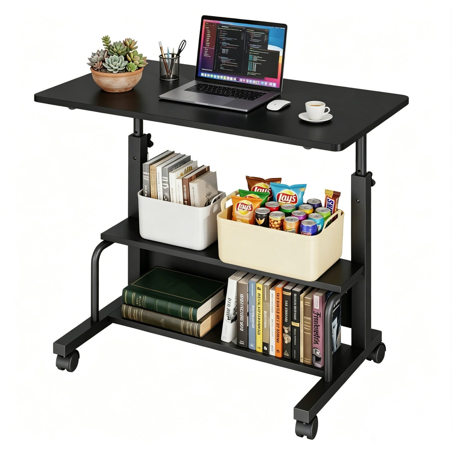 CONCETTA 31.5'' Adjustable Height Rolling Computer Desk with Storage Shelves, Portable Mobile Desk for Small Spaces Home Office, Black