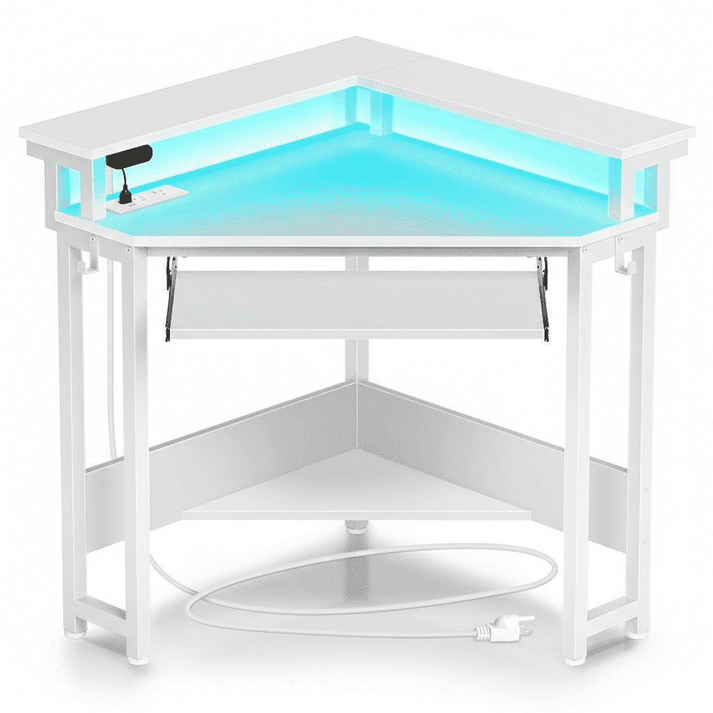 CONCETTA Coner Desk, L-Shaped Computer Desk with Power Outlets, LED Lights, Monitor Stand & Keyboard Tray, Black