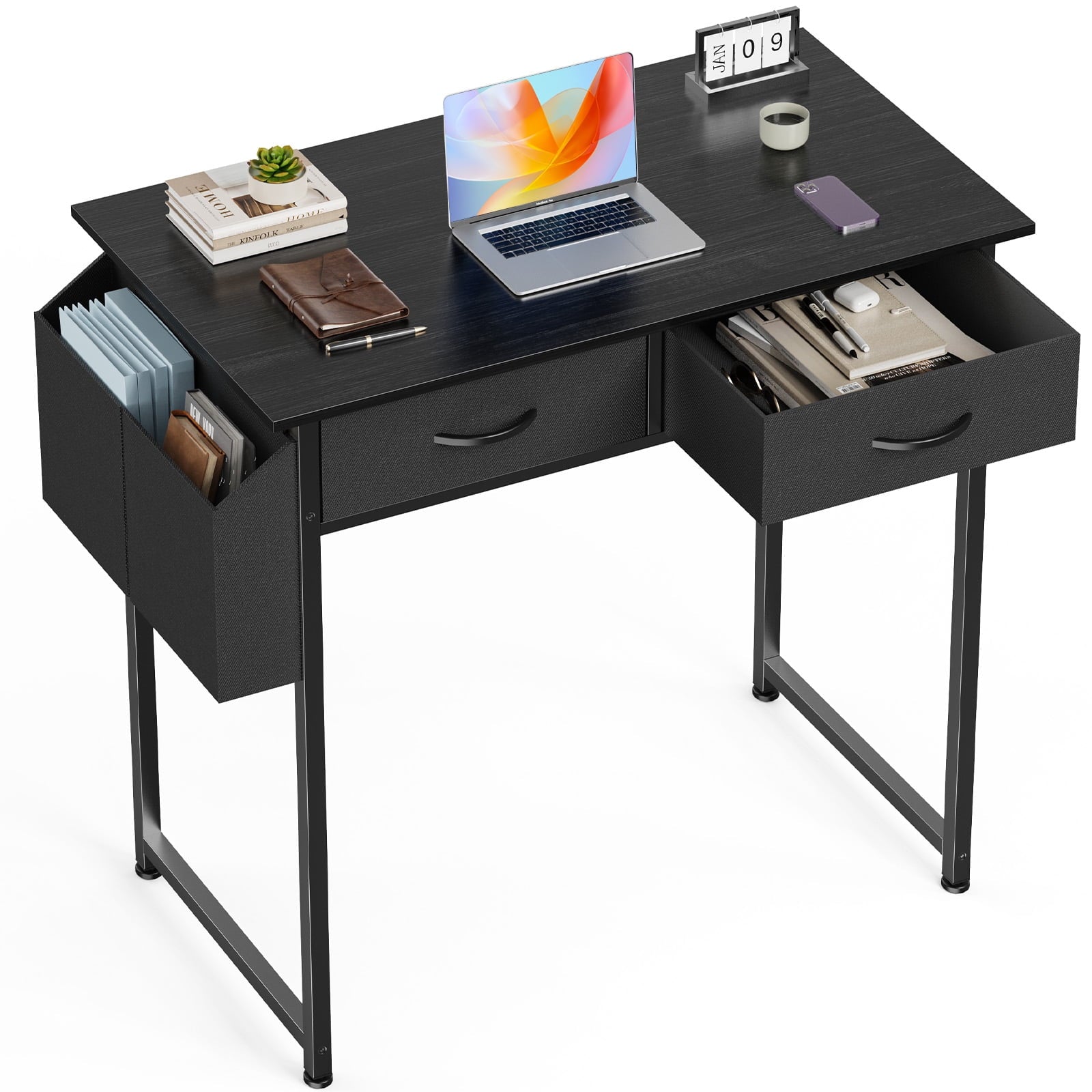 CONCETTA 32 inch Small Computer Desk with Fabric Drawers & Storage Bag Iron Hook for Bedroom, Black