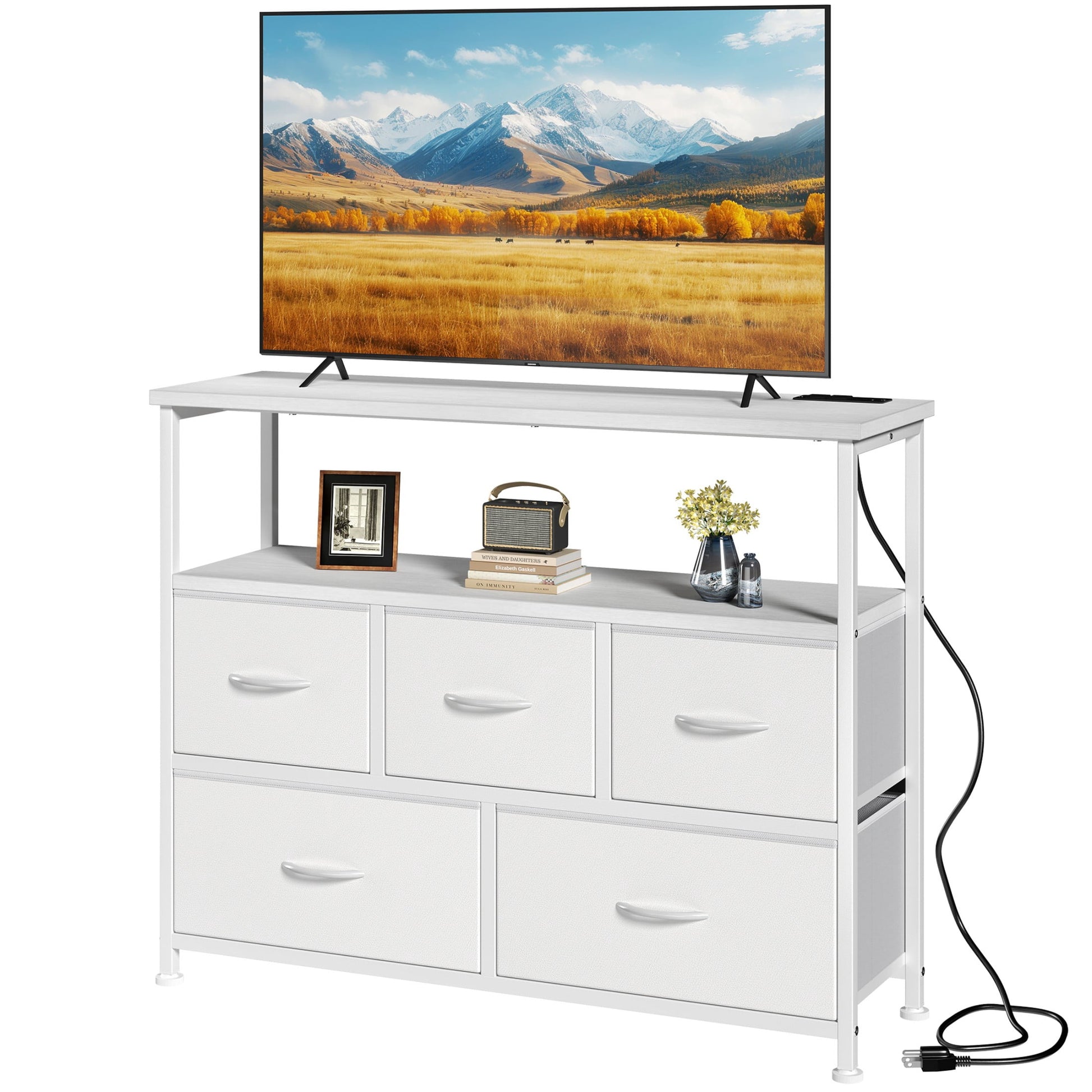 CONCETTA 39.3'' 5 Drawer Dresser with Charging Station, Fabric Storage Chest of Drawers for Bedroom, Living Room, Entryway, Rust