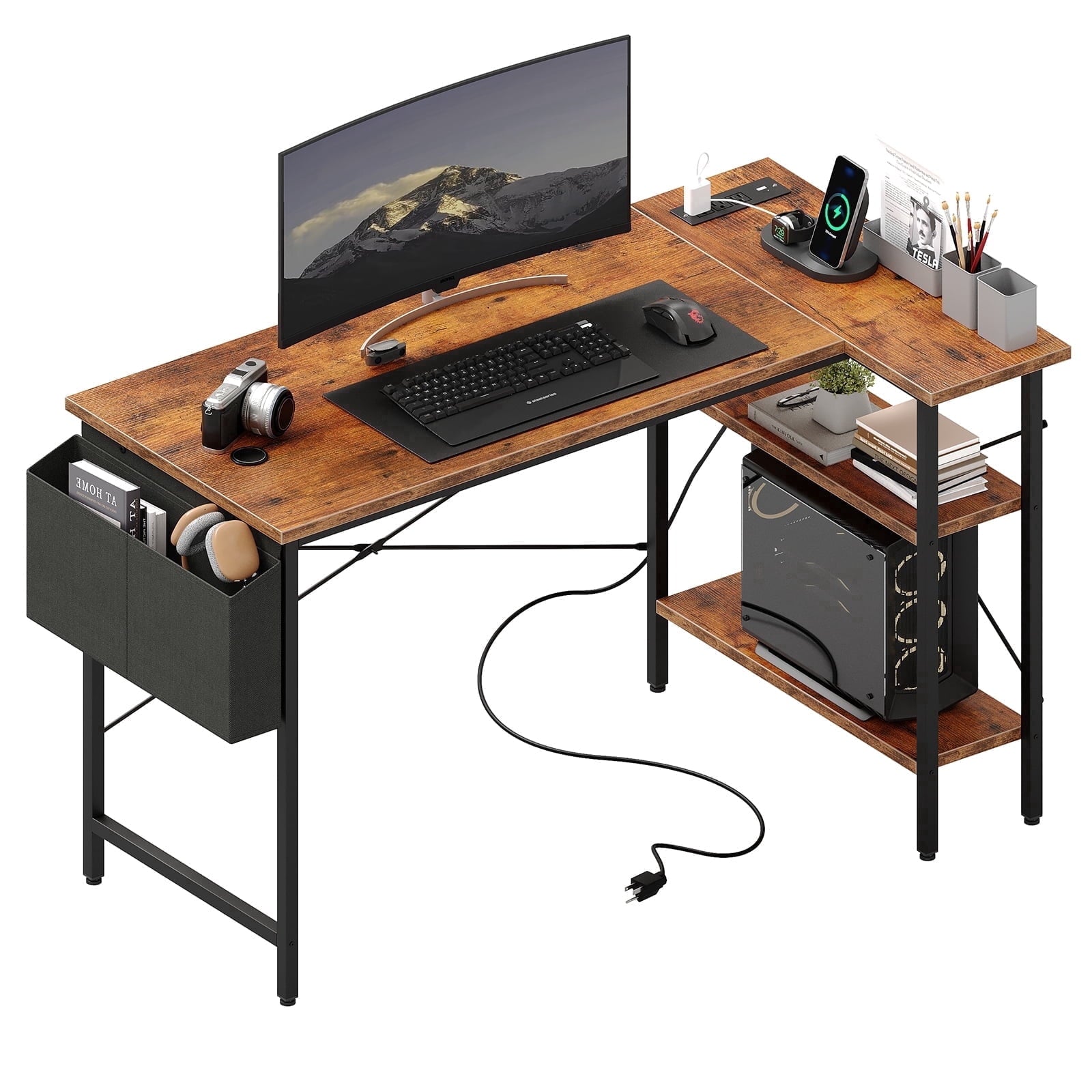 CONCETTA 39 inch Gaming Computer Desk with Power Outlet & LED Strip, Reversible Storage Shelves for Home Office, Rust