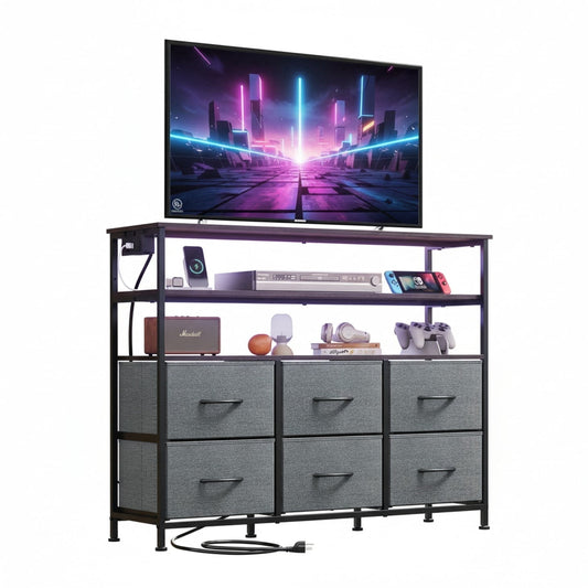 CONCETTA 39-inch TV Stand with RGB LED Lights & UL-Certified Charging Station, 6 Fabric Drawers, Fits up to 45-inch TVs, Gray