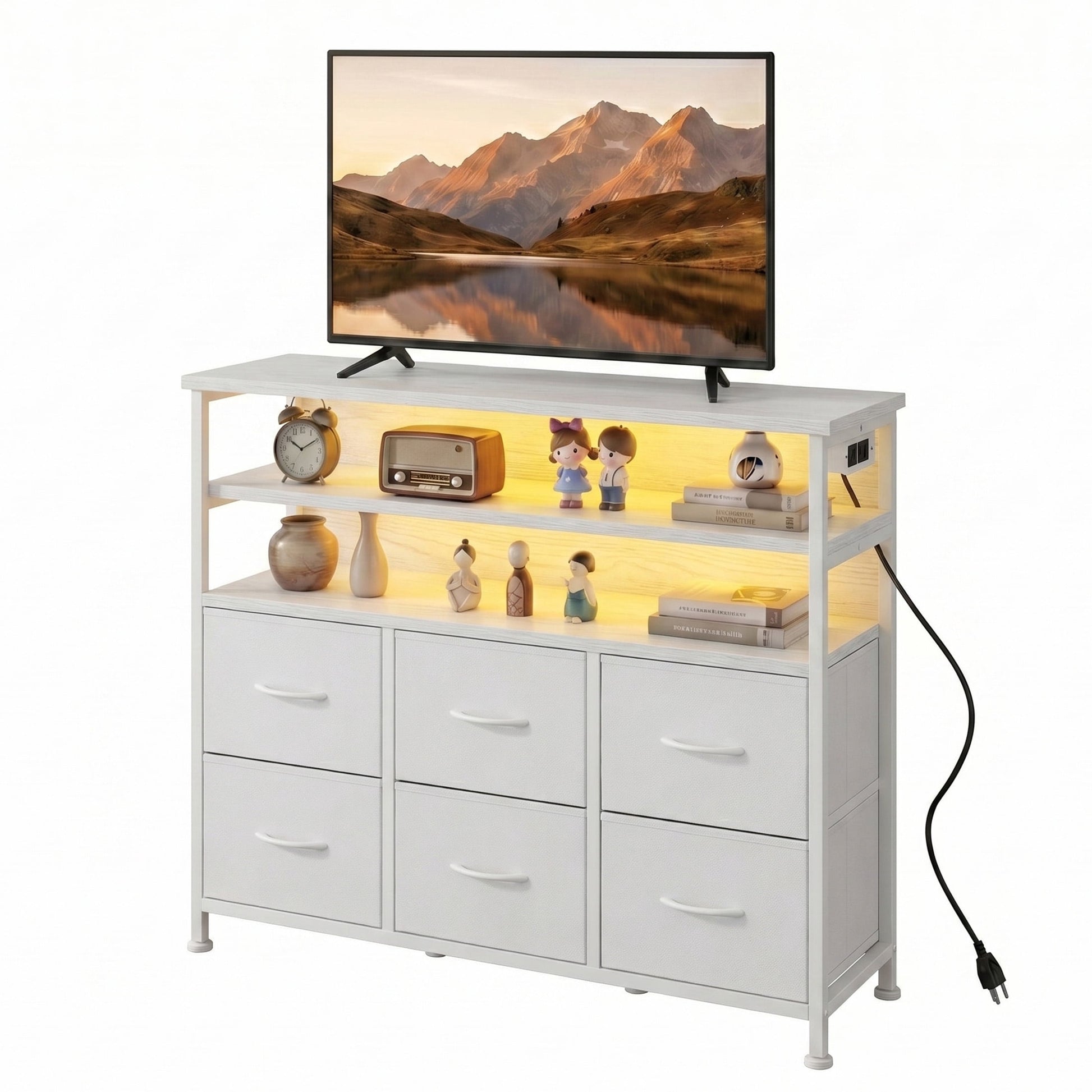 CONCETTA TV Stand for 45 Inch TV, 6-Drawer Dresser with 3-Tier Open Shelves, LED Lights, Charging Station, Wood Top Entertainment Center for Bedroom, Living Room, Hallway, White