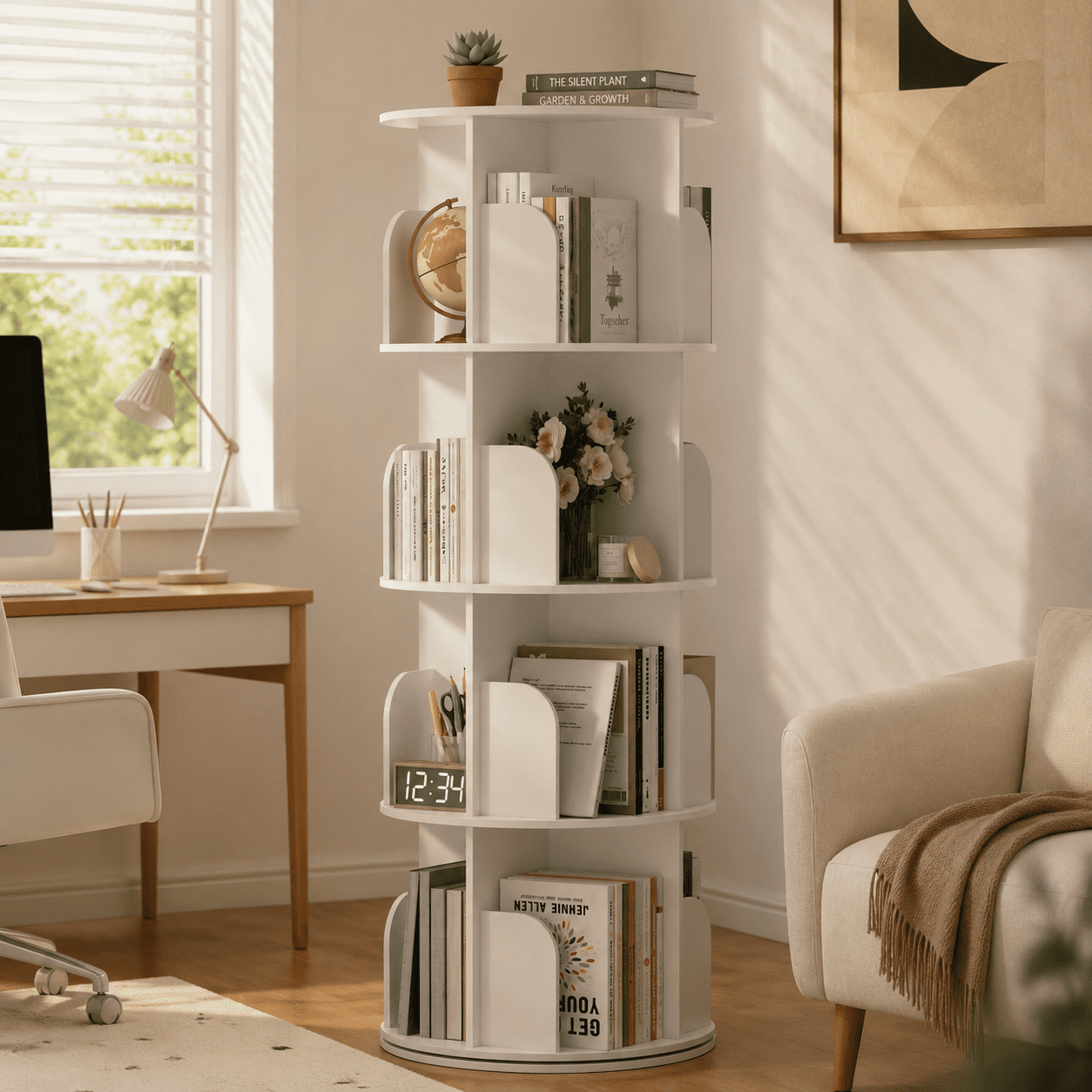 CONCETTA 4-Tier Rotating Bookshelf, 360Â° Spinning Bookcase with Safety Guard, Space-Saving PVC Storage for Bedroom, White