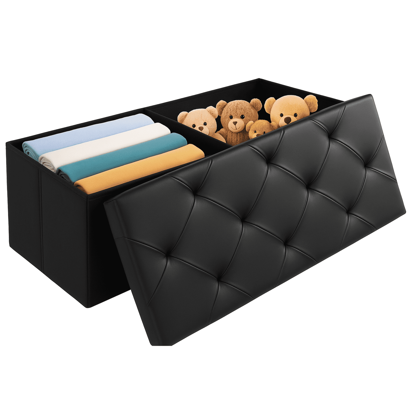 CONCETTA 43" Storage Ottoman â€“ Foldable Faux Leather Stool with Storage, 660 lb Capacity, for Bedroom, Living Room, Entryway, Black