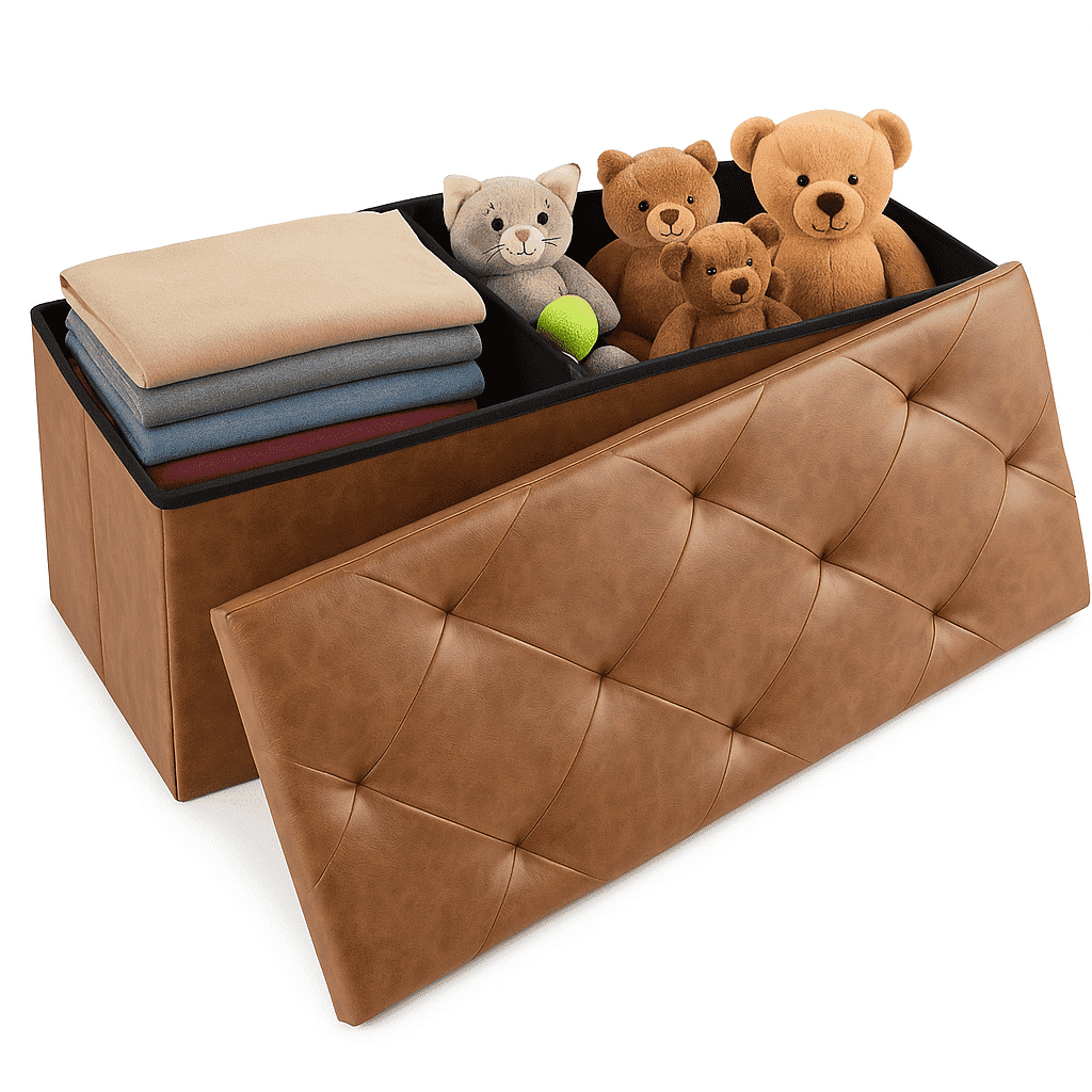 CONCETTA 43" Storage Ottoman â€“ Foldable Faux Leather Stool with Storage, 660 lb Capacity, for Bedroom, Living Room, Entryway, Brown