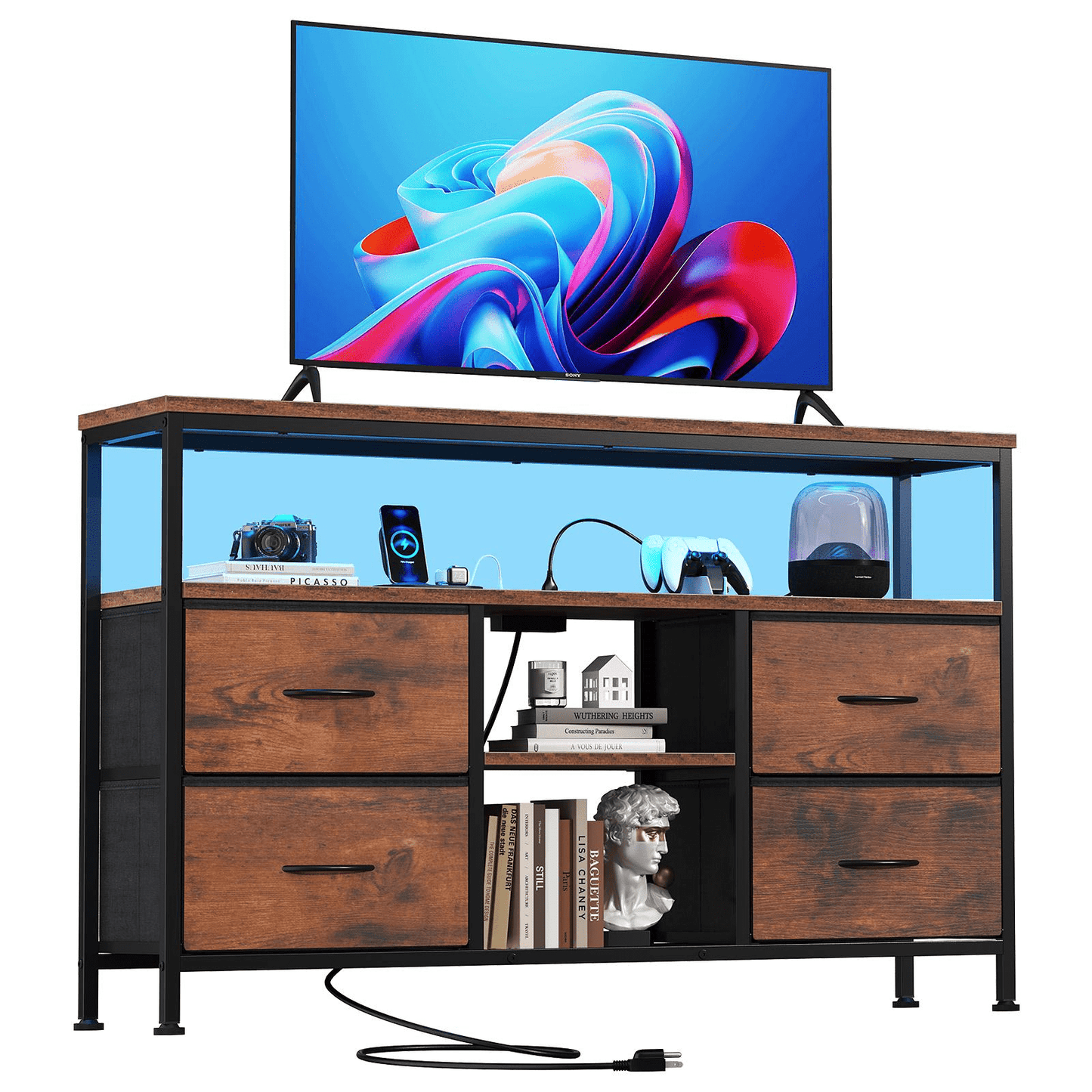 CONCETTA 43-inch TV Stand with Power Outlets and LED Light, Double-layer 4 Fabric Drawers , Media Console with Storage for Living Room or Bedroom, Rust