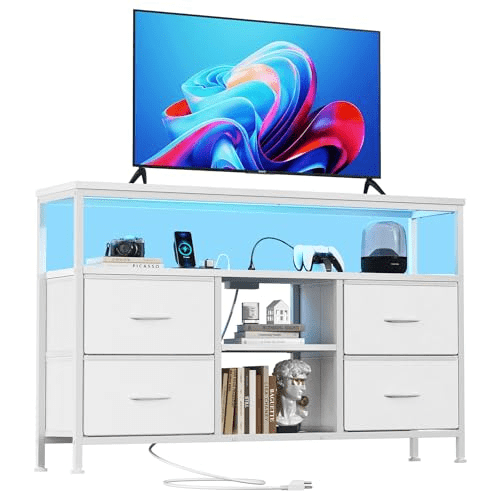 CONCETTA 43-inch TV Stand with Power Outlets and LED Light, Double-layer 4 Fabric Drawers , Media Console with Storage for Living Room or Bedroom, White