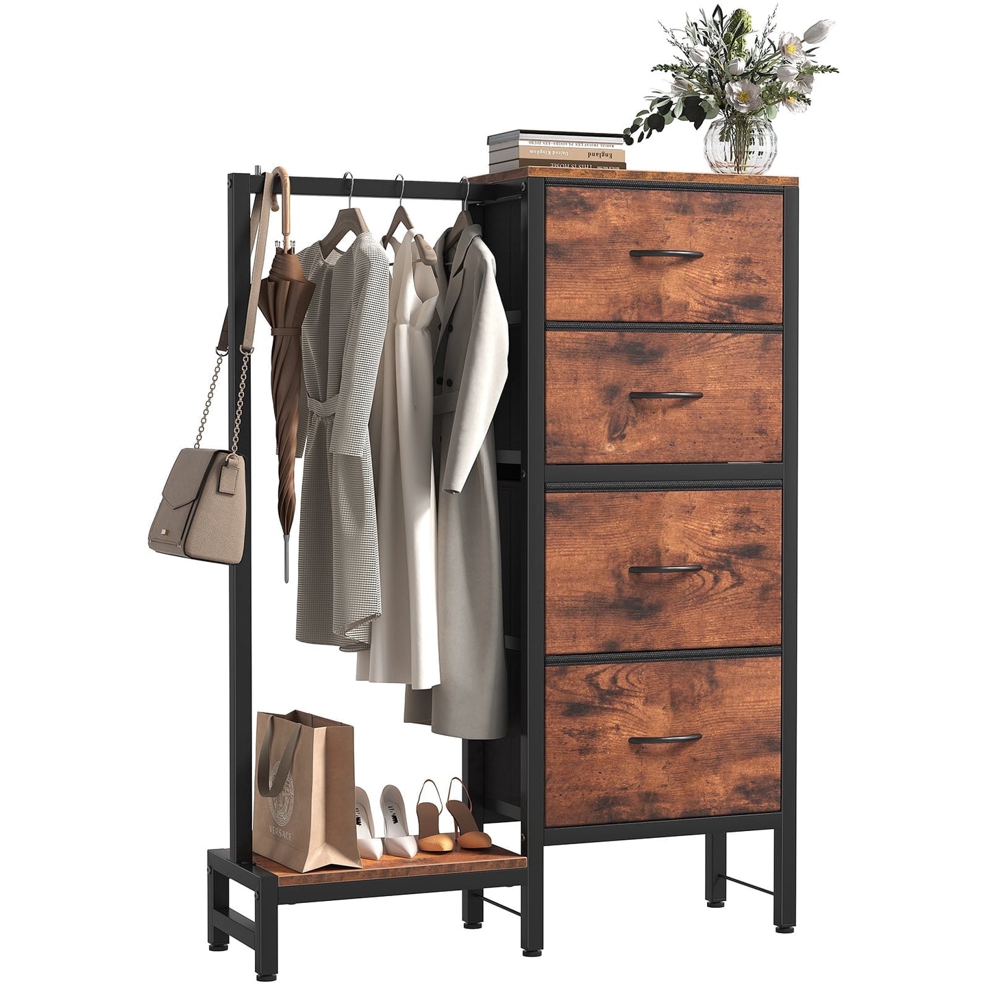 CONCETTA 4 Drawers Dresser with Hanging Rack, 44-inch Tall Reversible Fabric Chest, Bedroom Storage Tower, Rust