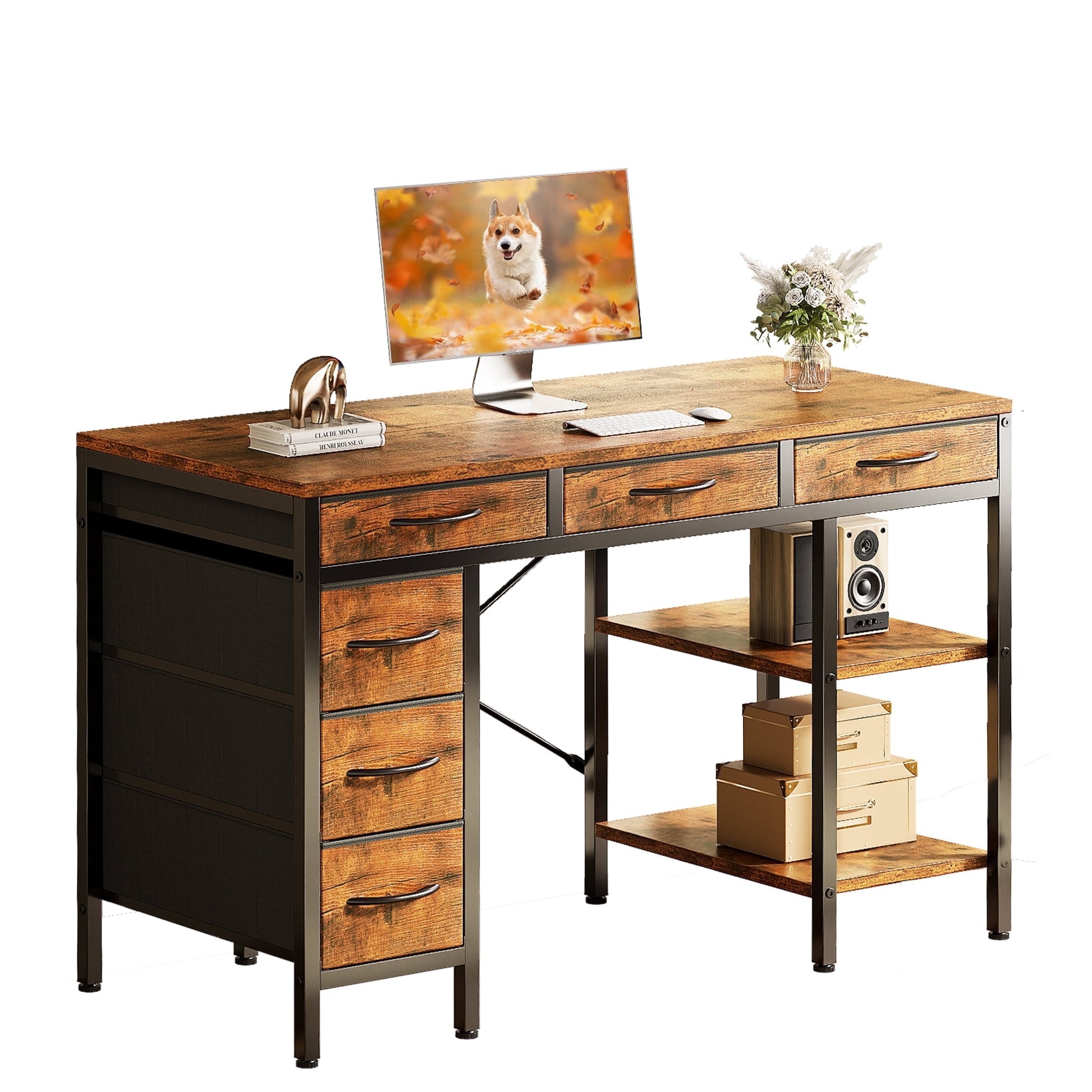CONCETTA 47 inch Computer Desk with 6 Drawers & 2 Open Shelves, Modern Home Office Desk with Storage, Writing Study Desk for Bedroom, Workspaceï¼ŒRust