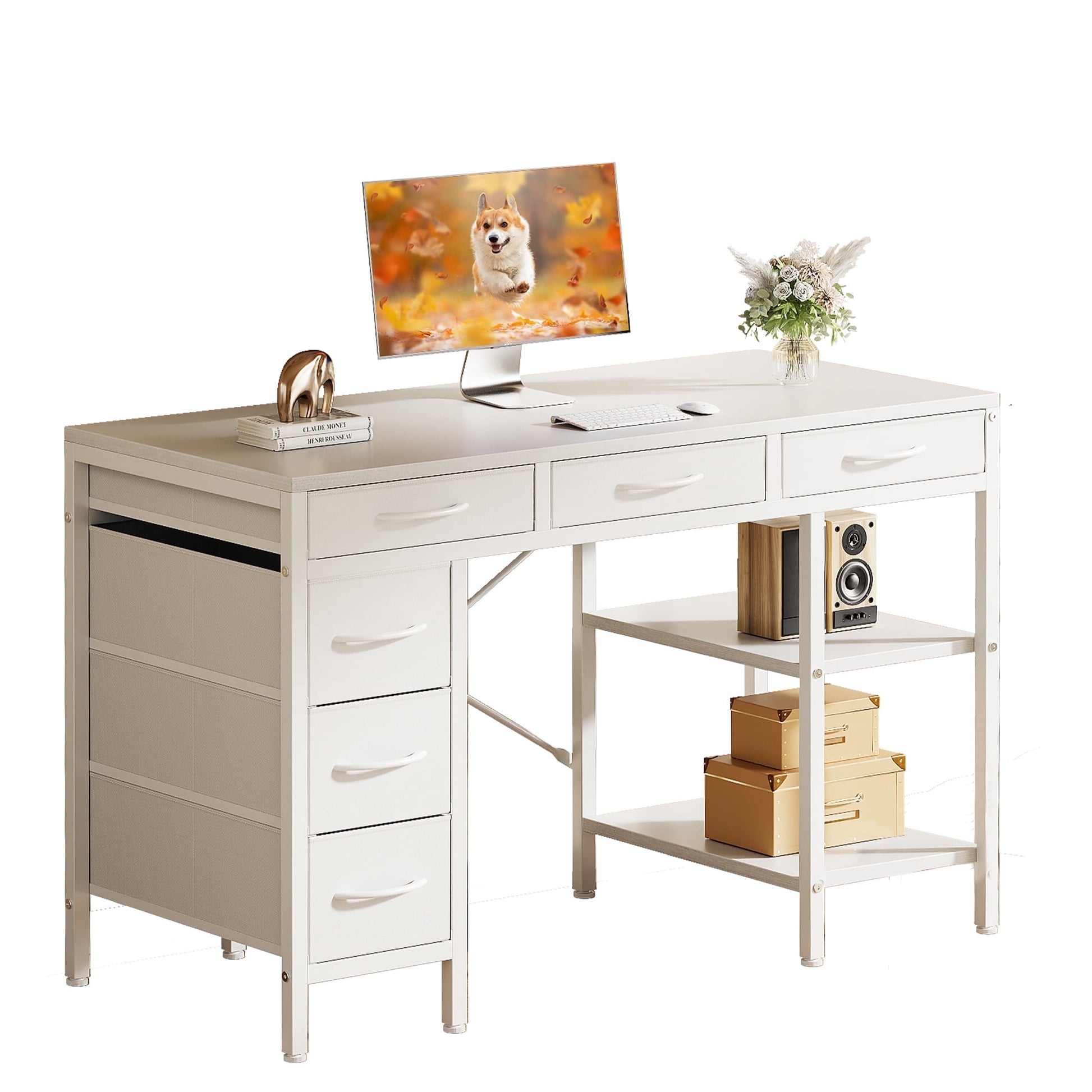 CONCETTA 47 inch Computer Desk with 6 Drawers & 2 Open Shelves, Modern Home Office Desk with Storage, Writing Study Desk for Bedroom, Workspaceï¼ŒWhite