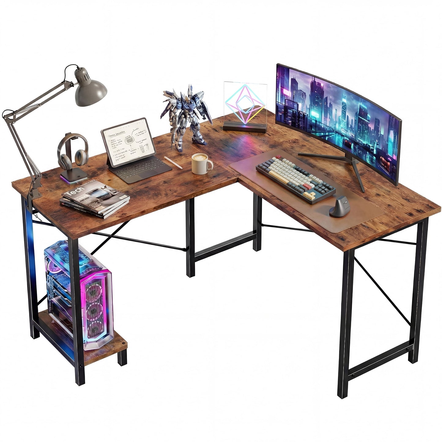 CONCETTA 49â€œ L Shaped Computer Desk with Movable CPU Stand, Corner Desk for Save Space, Home Office, Rust Brown