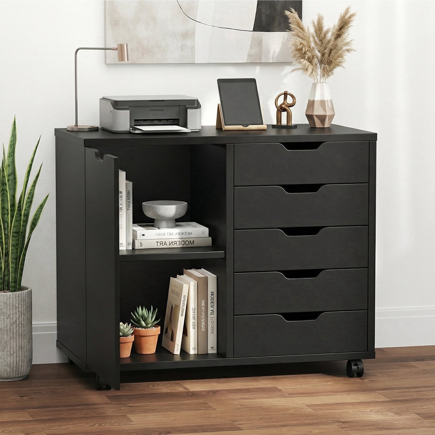 CONCETTA 5-Drawer Rolling File Cabinet on Wheels, Wood Printer Stand with Storage Drawers for Home Office, Black