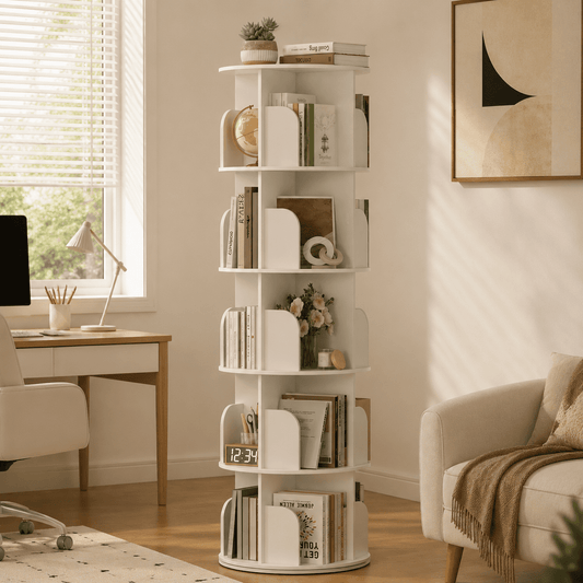 CONCETTA 5-Tier Rotating Bookshelf, 360Â° Spinning Bookcase with Safety Guard, Space-Saving PVC Storage for Bedroom, White