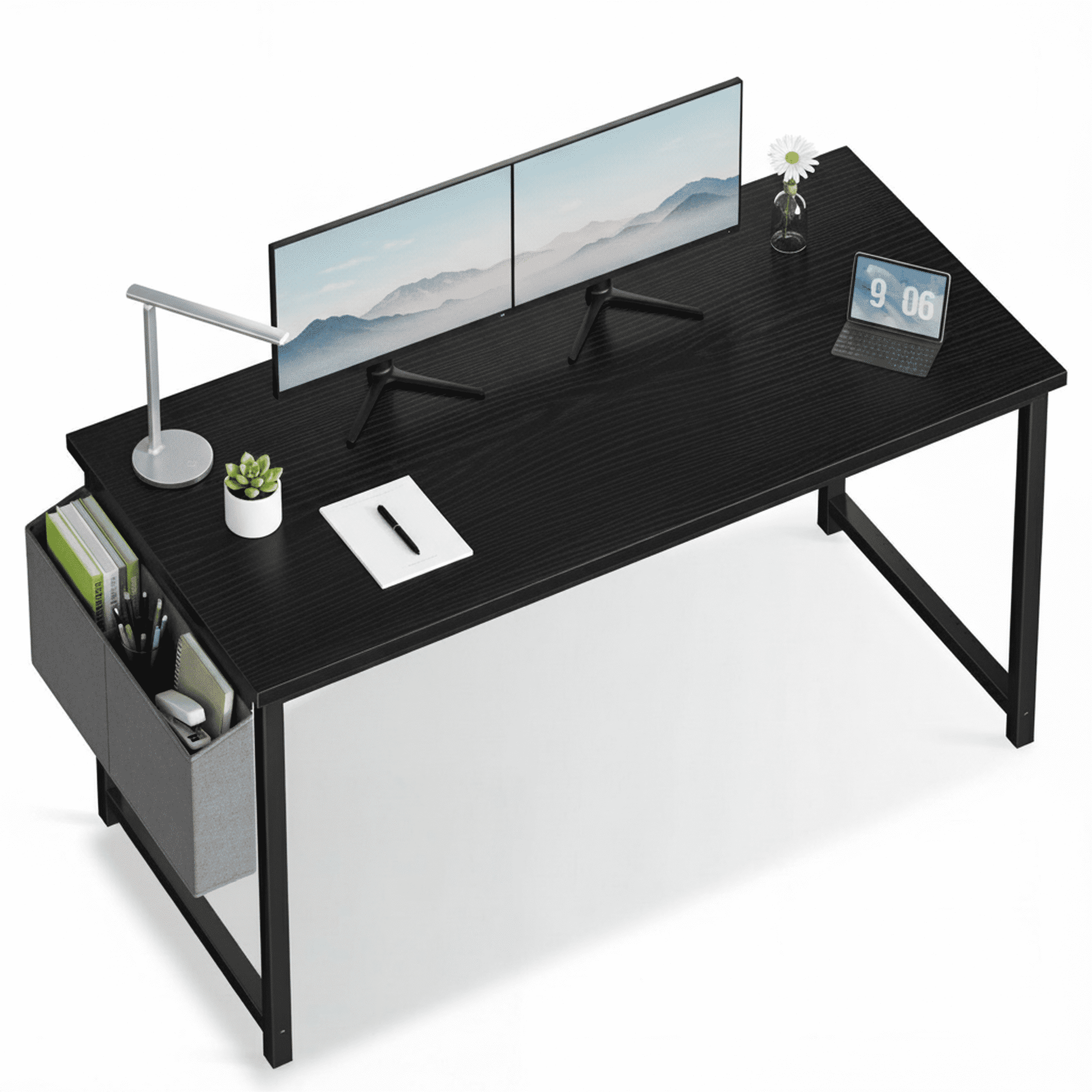 CONCETTA Escritorio de Computadora para Escribir de 55 Pulgadas con Bolsa de Almacenamiento, Estructura de Acero para Estudio de Oficina en Casa, Negro