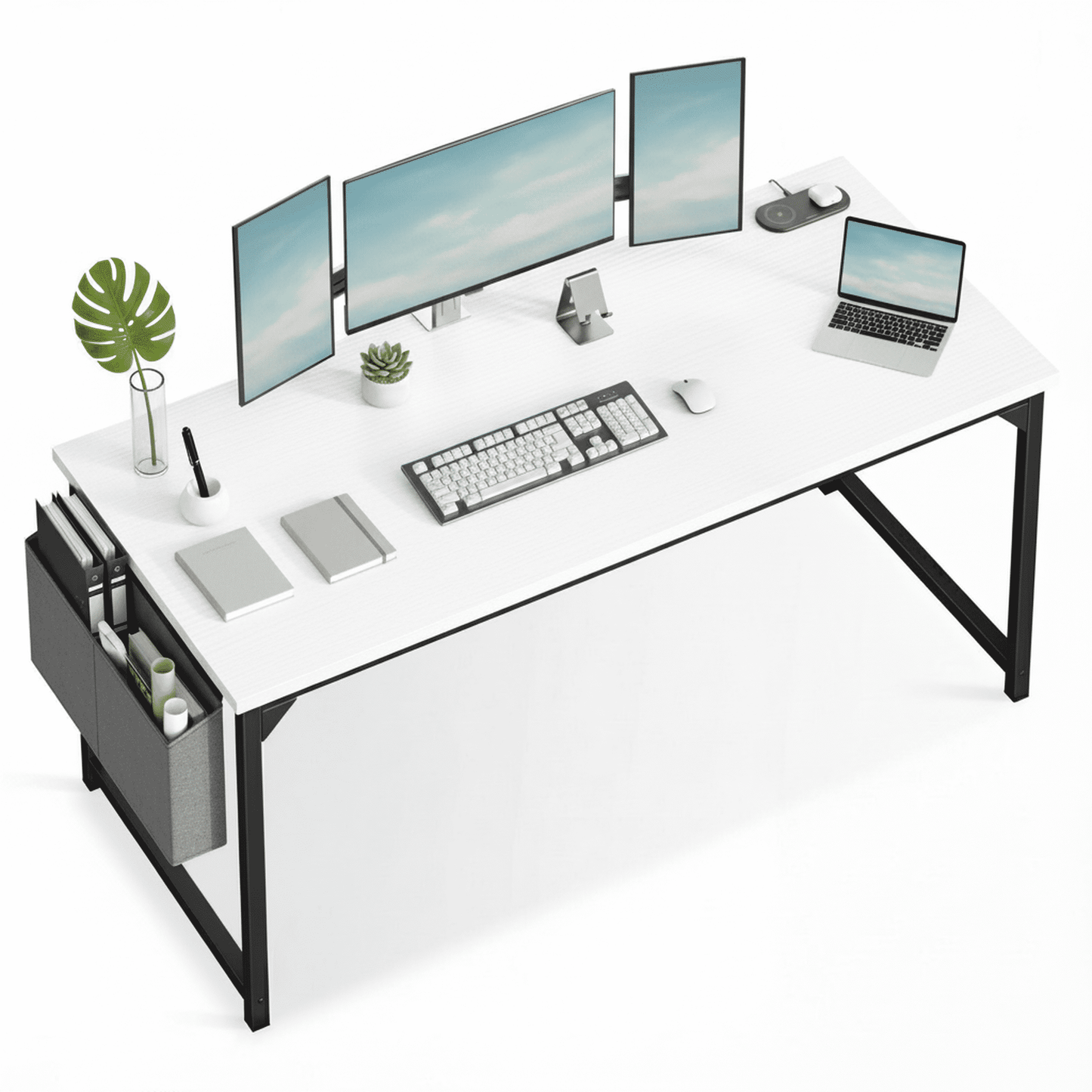 CONCETTA Escritorio de Computadora para Escribir de 63 Pulgadas con Bolsa de Almacenamiento, Estructura de Acero para Estudio de Oficina en Casa, Blanco