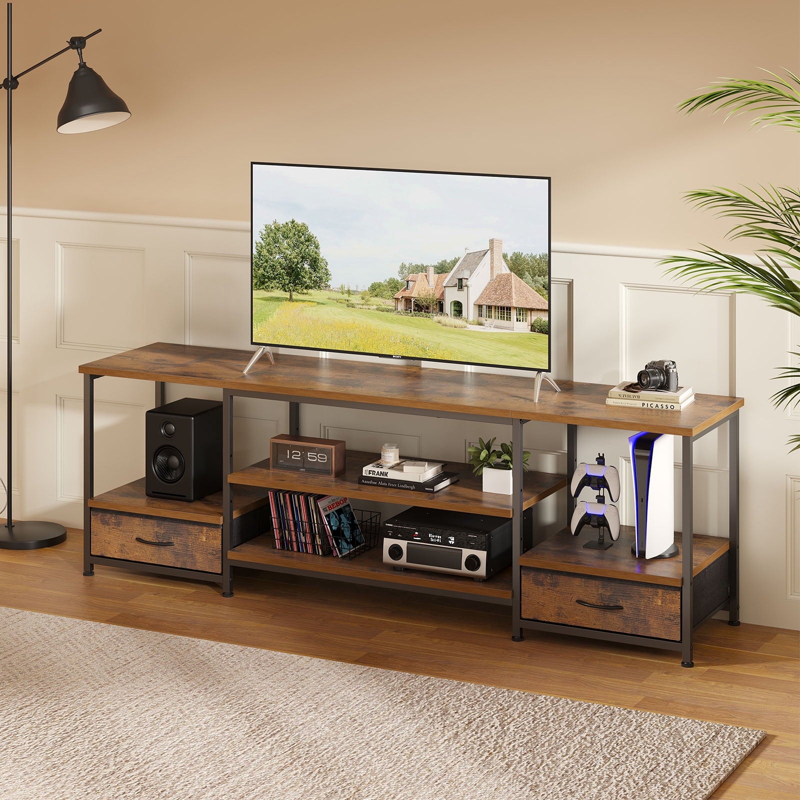 CONCETTA 63-inch TV stand, with Power Socket, 2 drawers, Adjustable Shevles, Suitable for Living Room and Bedroom, Brown