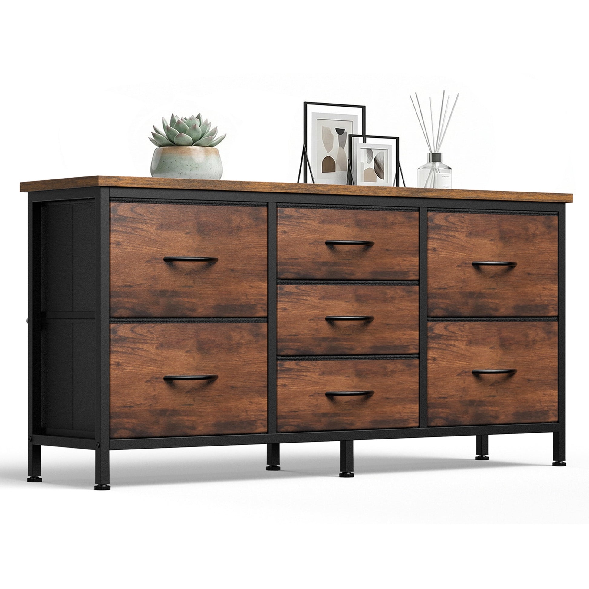 CONCETTA 7 Drawer Storage TV Dresser, Metal Frames Resist Deformation, Adjustable Feet Prevent Tipping, Accommodates TV Up to 55 inch, Suitable for Living Room, Rust Brown