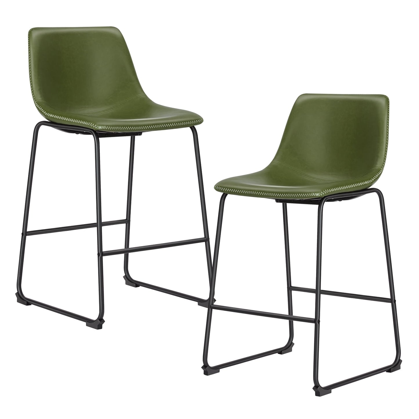 CONCETTA Bar Stools Set of 2, Counter Height Bar Stools with Back, 26 Inch Armless Industrial Faux Leather Barstools with Metal Legs and Footrest for Home Office Kitchen,Green