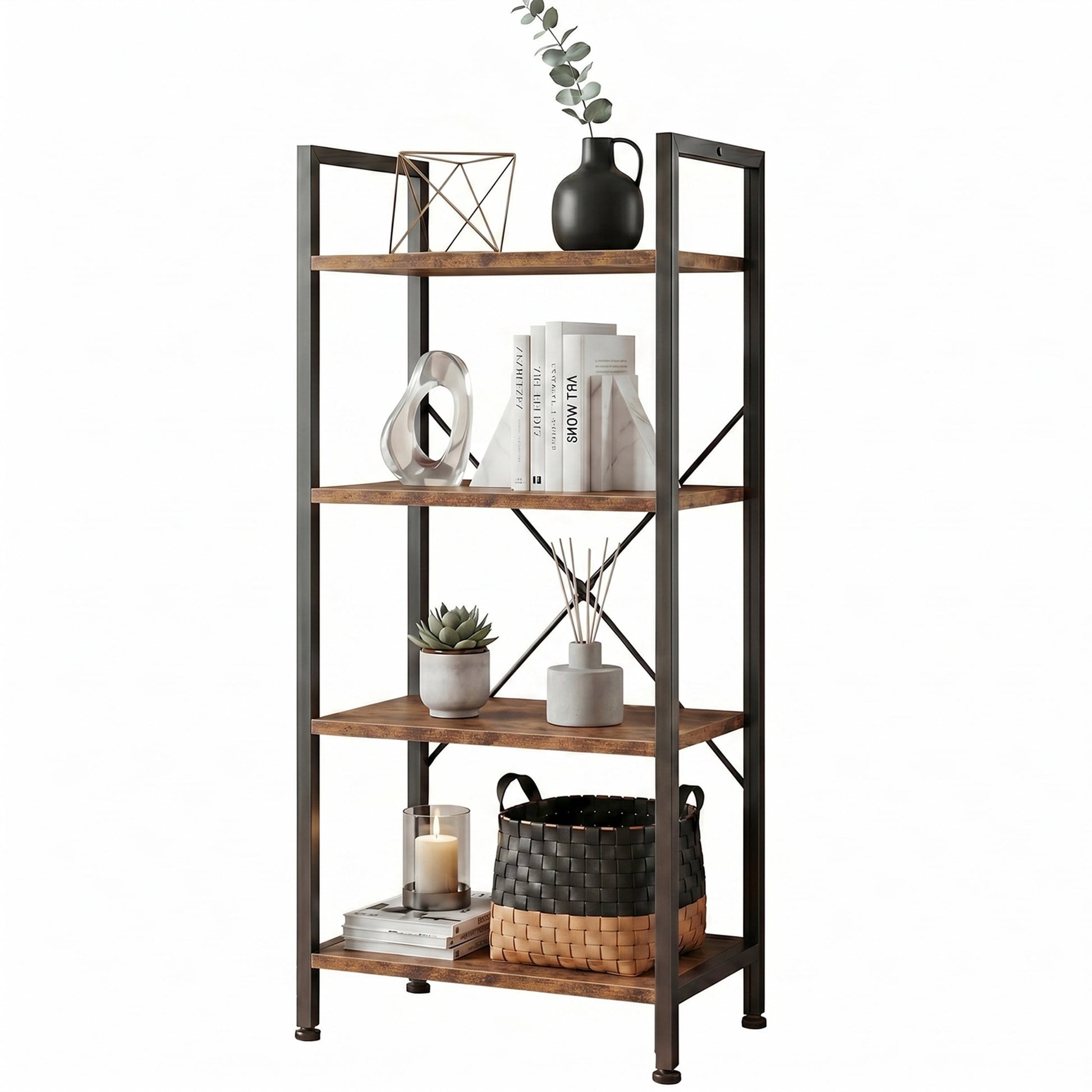 CONCETTA Bookshelf, 4-Tier Small Industrial Storage Shelf & Shelves, Metal Bookcase for Home Office, Living Room, Rust Brown