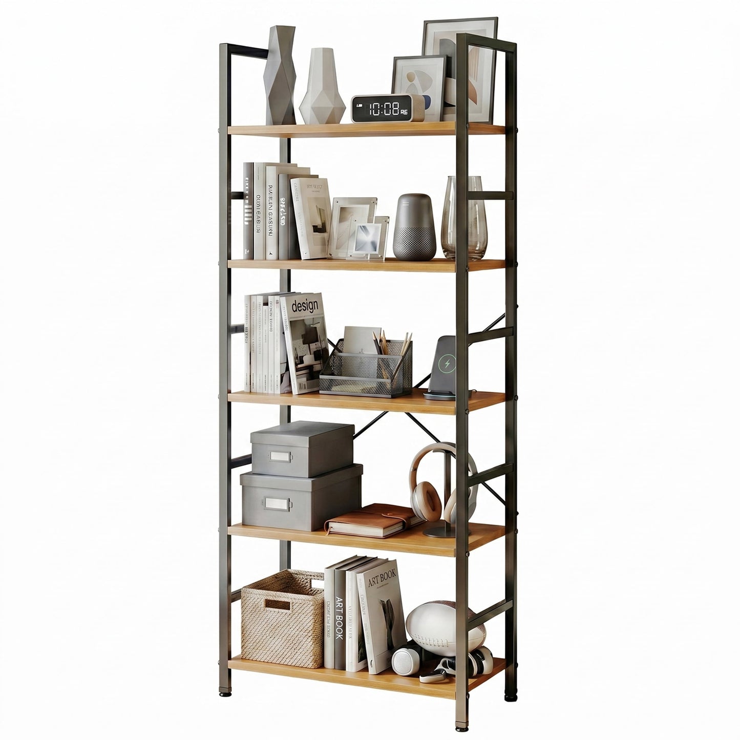 CONCETTA Bookshelf, 5-Tier Small Industrial Storage Shelf & Shelves, Metal Bookcase for Home Office, Living Room, Wood