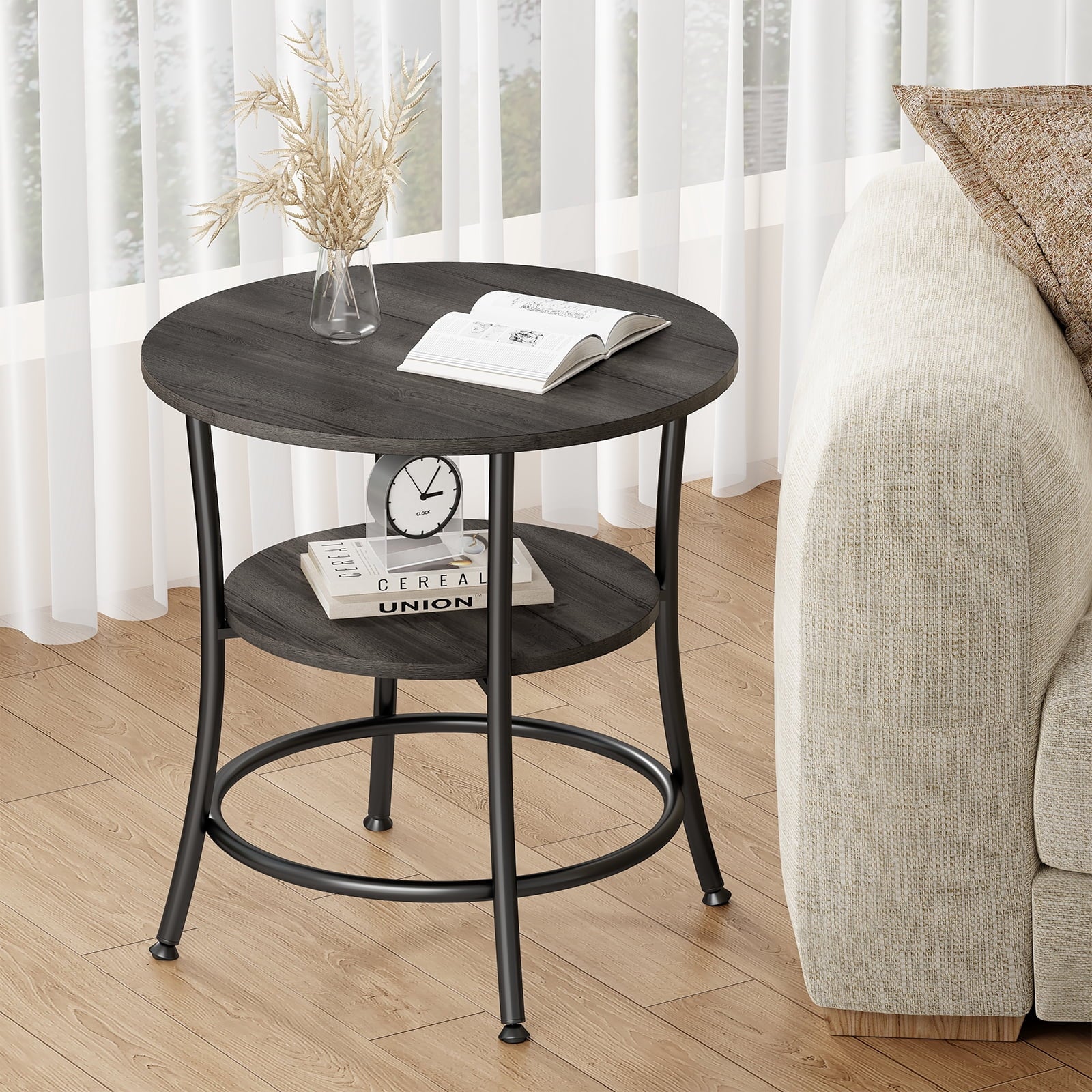 CONCETTA 2-Tier Small Round Side Table, Bedside Nightstand with Sturdy 70lbs Top Capacity, End Table for Living Room, Bed Room & Small Spaces,Gray