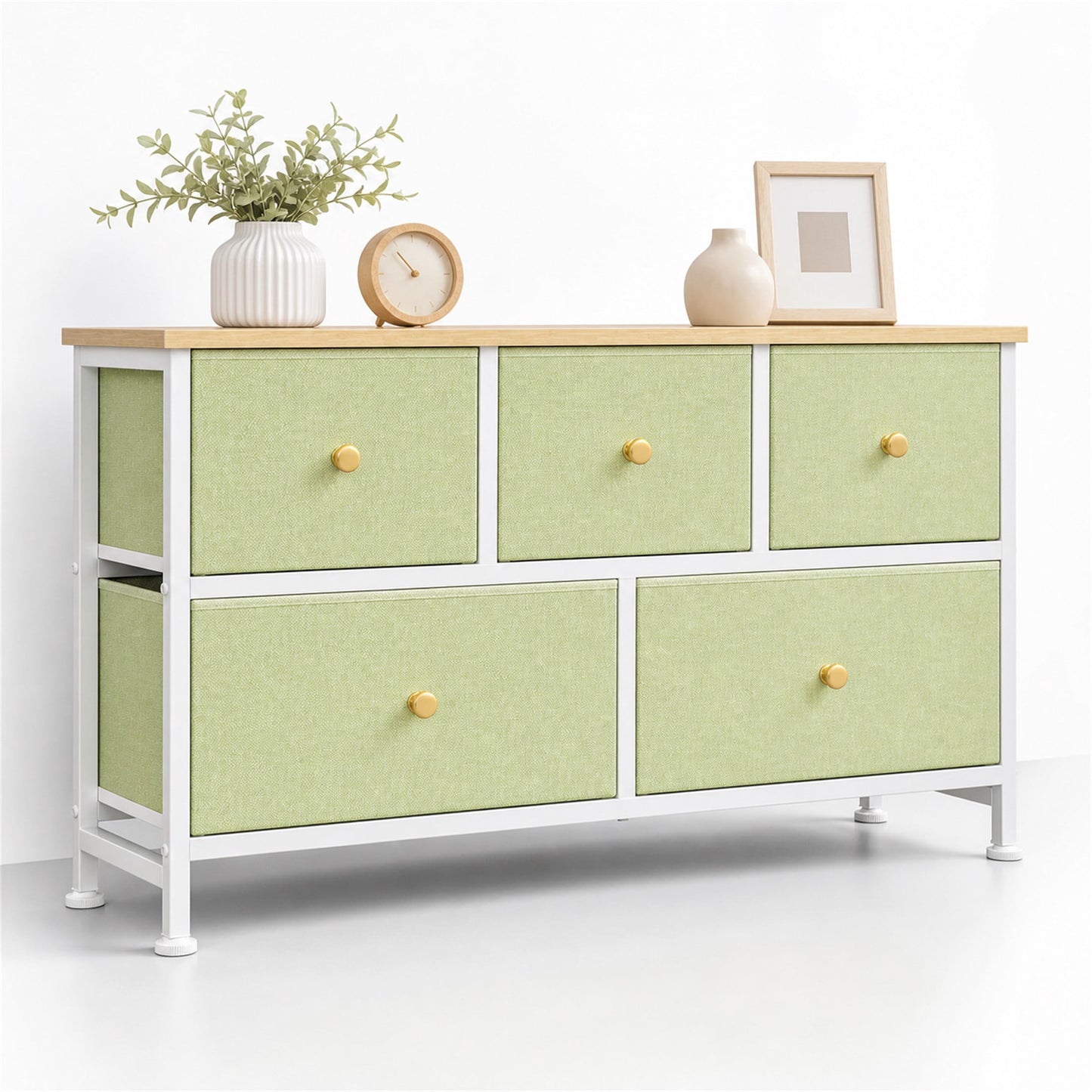 CONCETTA Tocador con 5 Cajones de Almacenamiento de Tela, Mueble para TV, CÃ³moda para Dormitorio, ClÃ³set, Entrada, Sala de Estar, Verde Claro