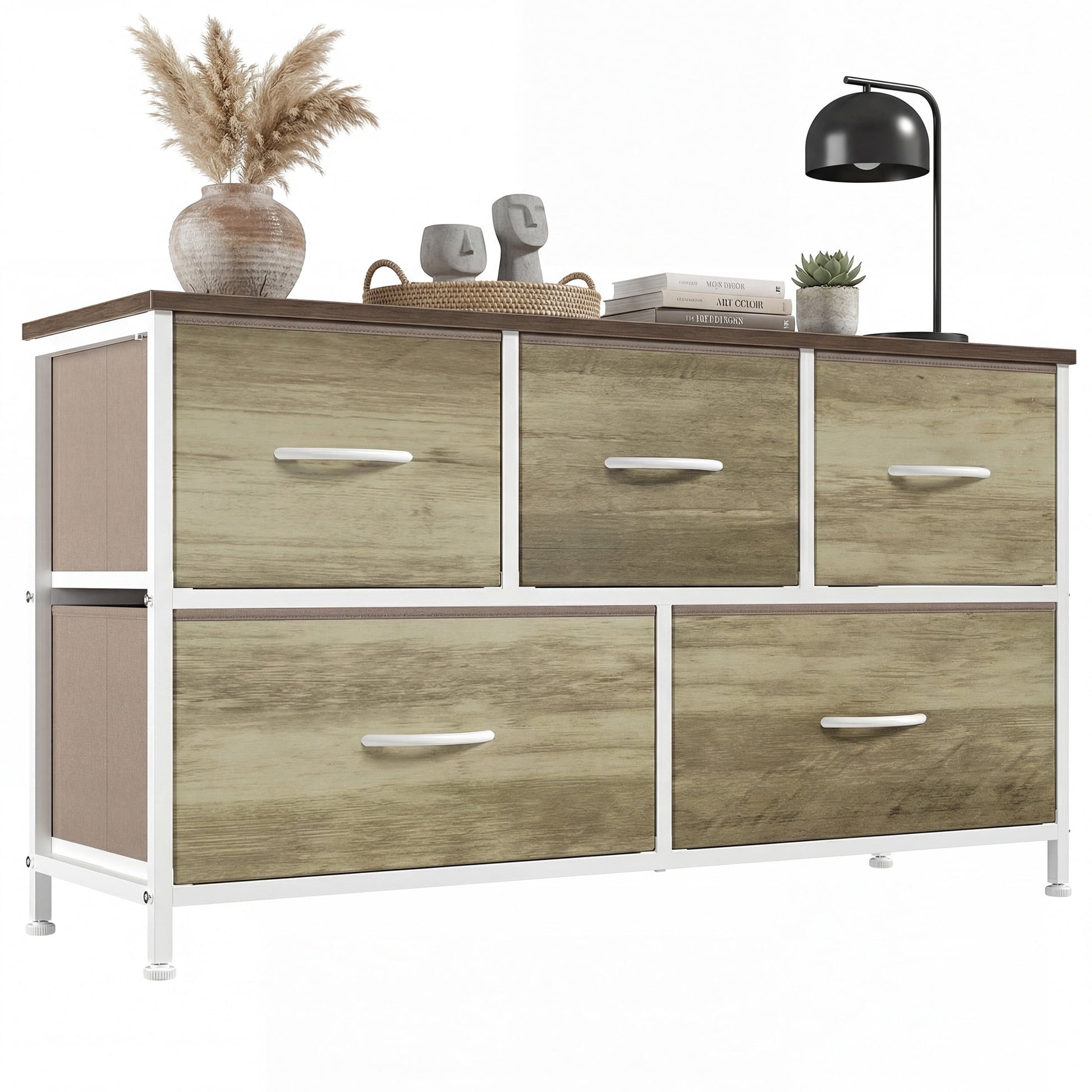 CONCETTA Dresser 5 Fabric Storage Drawer Dresser, TV Stand, Chest of Drawers for Bedroom, Closet, Entryway, Living Room, Oak
