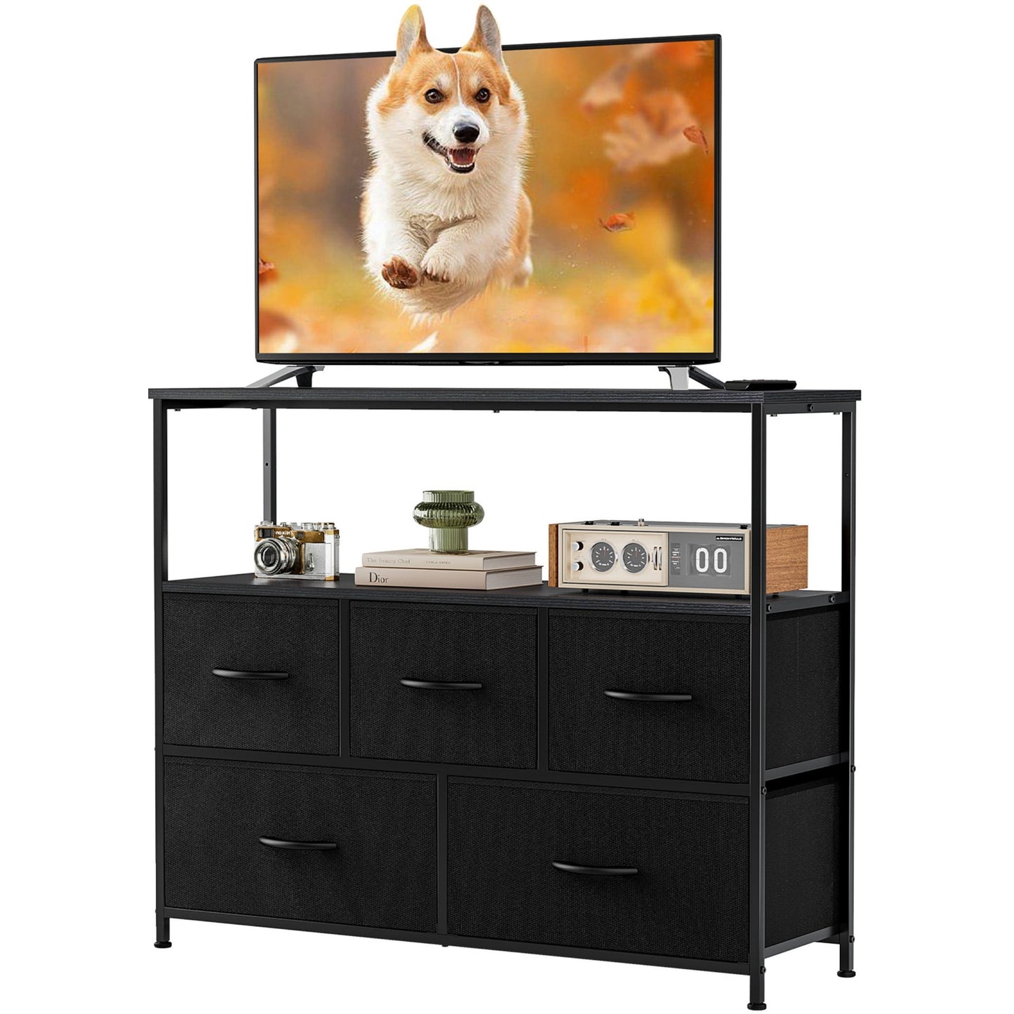 CONCETTA TV Stand Dresser with 5 Fabric Drawers and Open Shelving, Multi-functional Storage Unit Fits TV up to 45 inches for Bedroom Living Room Hallway, Black