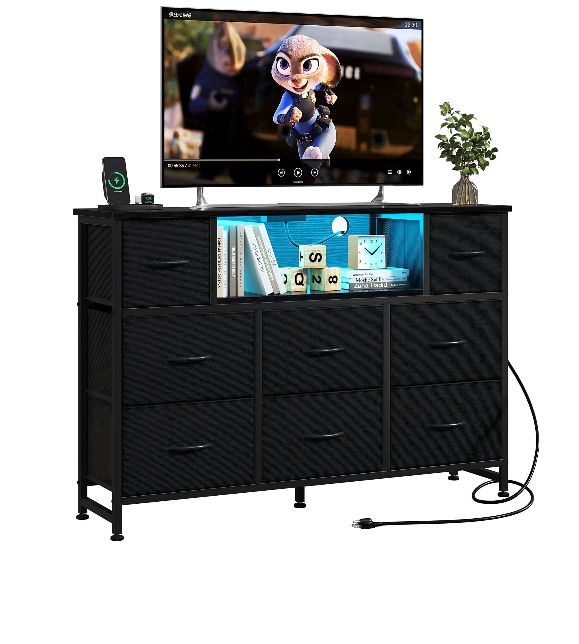 CONCETTA 55 inch TV Stand Dresser, 8 Fabric Drawers Storage Organizer for Bedroom Living Room, LED & Charging Station, Black