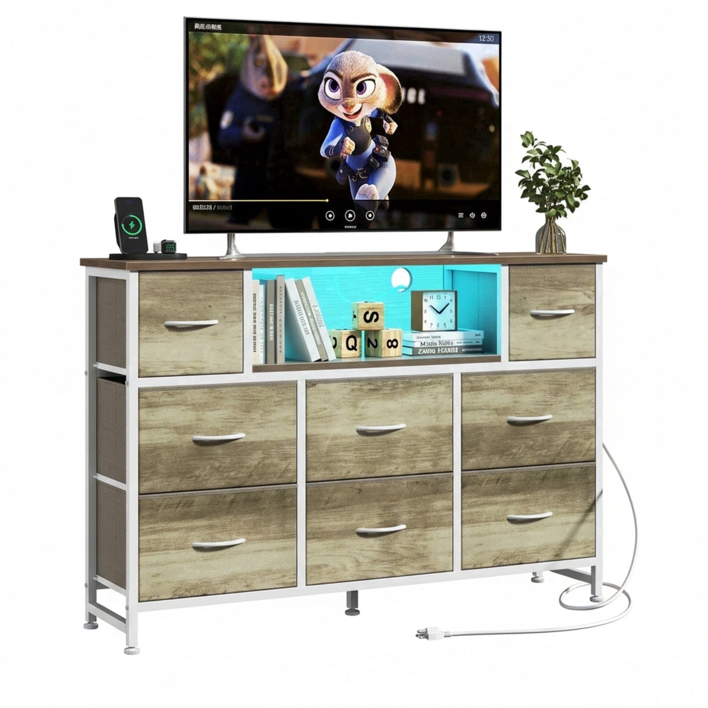 CONCETTA 55 inch TV Stand Dresser, 8 Fabric Drawers Storage Organizer for Bedroom Living Room, LED & Charging Station, Oak